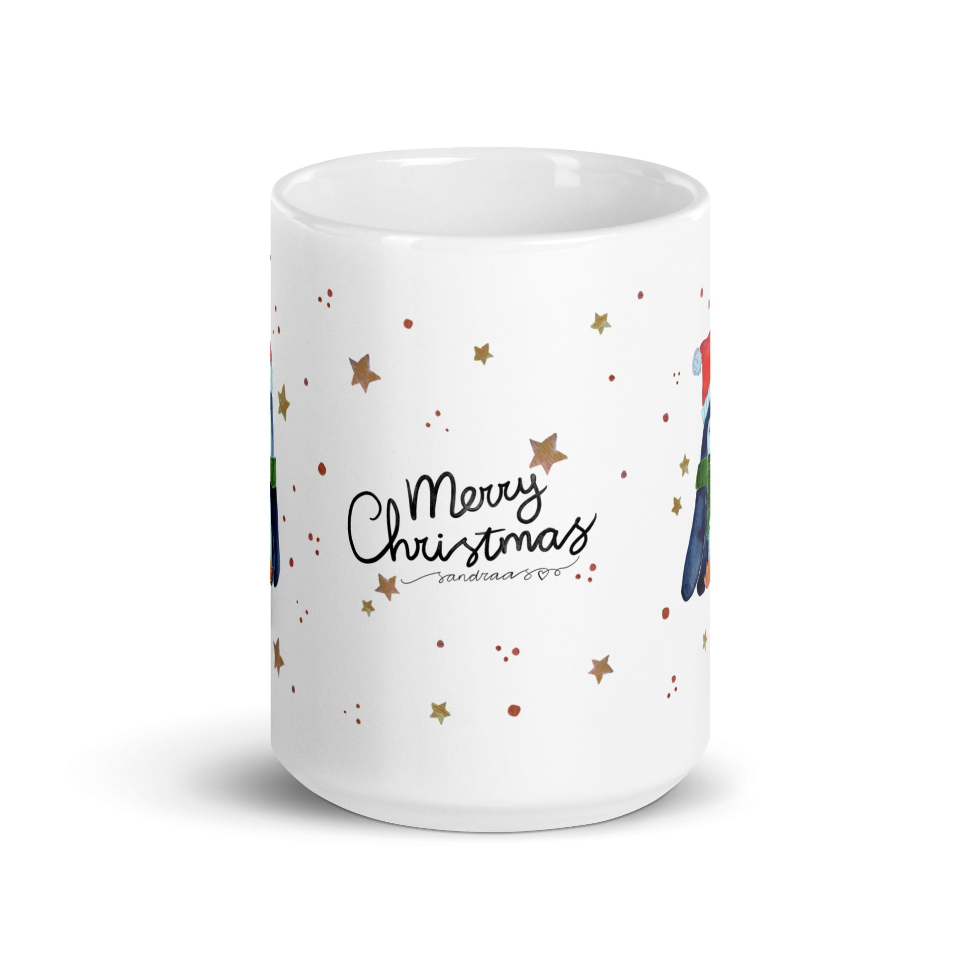 🎄 Merry Christmas Penguin Mug – Whimsical Watercolor Penguin in Green Scarf & Santa Hat 🐧✨ Glossy Ceramic Holiday Mug - SANDRAAS
