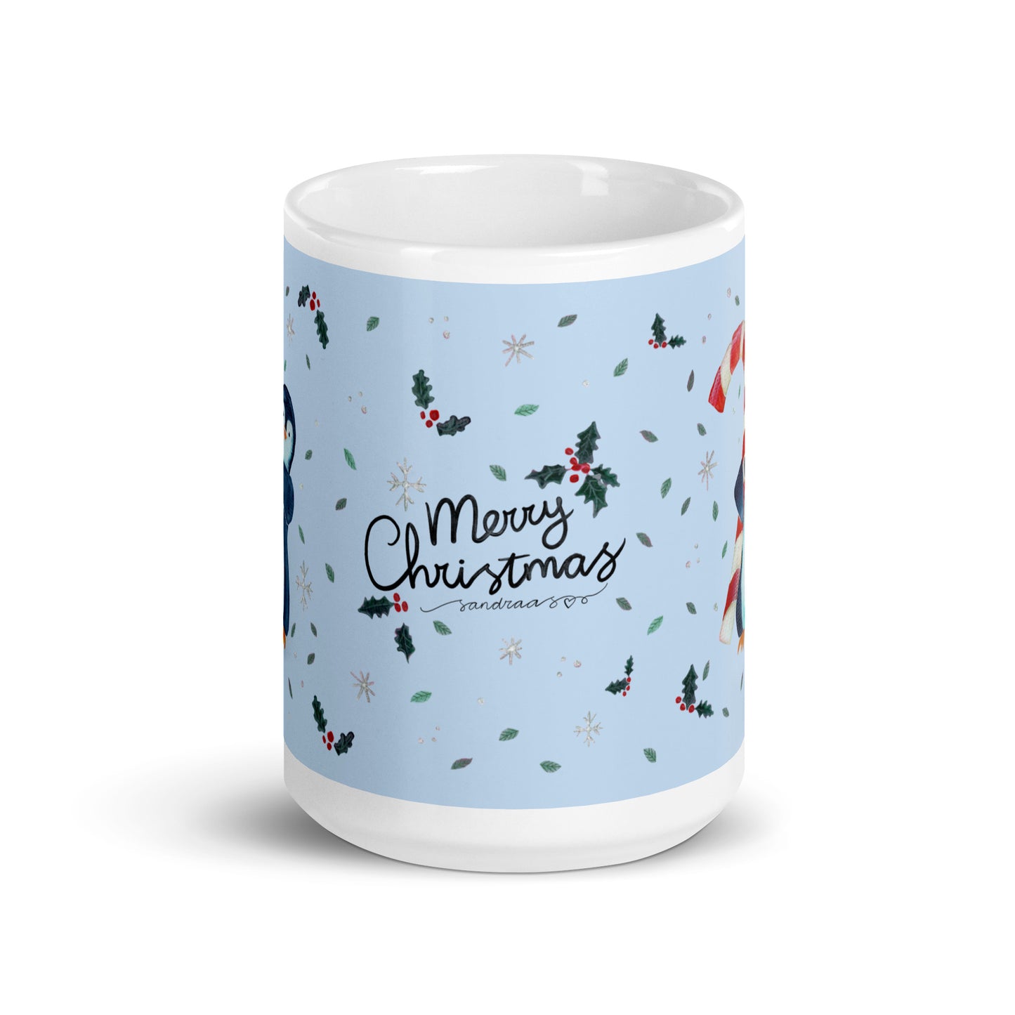 🎄 Merry Christmas Penguin Mug – Whimsical Watercolor Penguin Holding a Candy Cane 🐧🍬✨ Glossy Ceramic Holiday Mug (Light Blue Background) - SANDRAAS