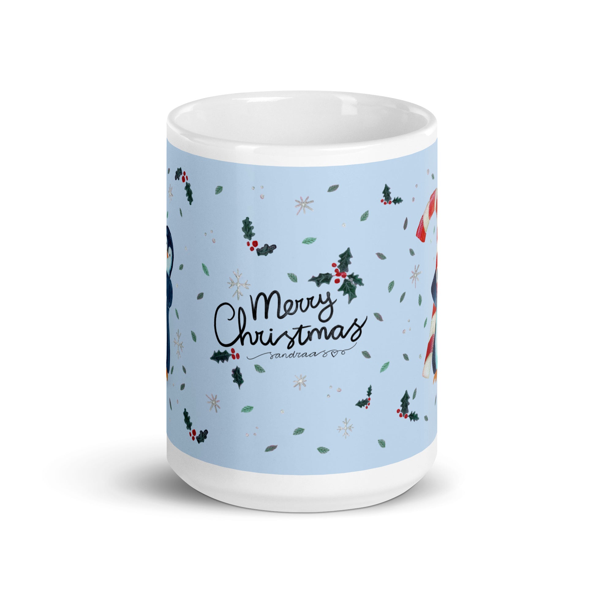 🎄 Merry Christmas Penguin Mug – Whimsical Watercolor Penguin Holding a Candy Cane 🐧🍬✨ Glossy Ceramic Holiday Mug (Light Blue Background) - SANDRAAS