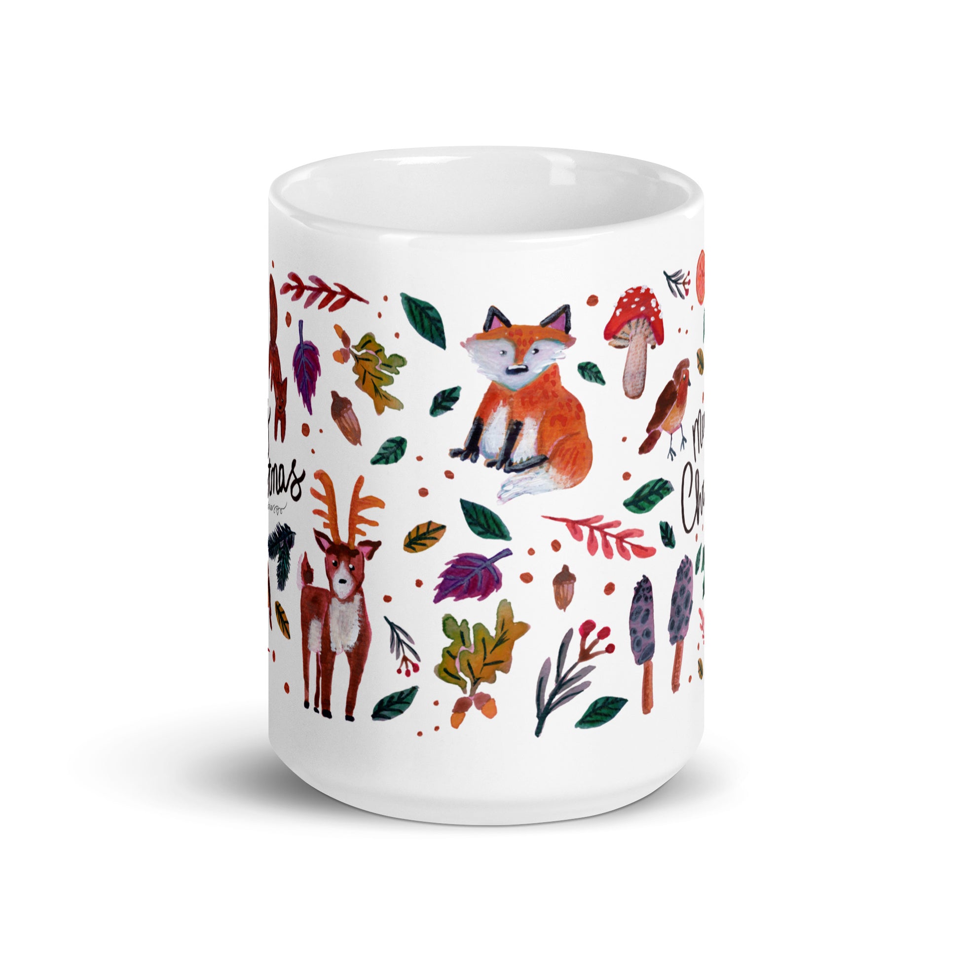 🎄 Merry Christmas Woodland Mug – Whimsical Watercolor Forest Animals, Leaves & Mushrooms 🍄🦌✨ Glossy Ceramic Holiday Mug - SANDRAAS