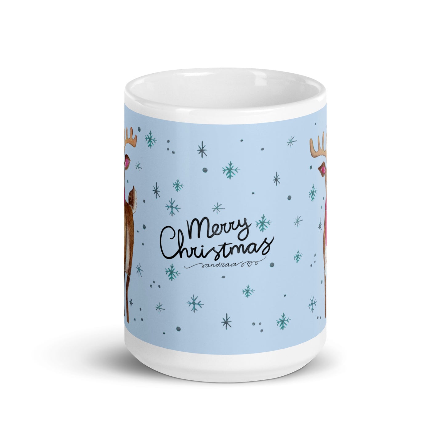 🎄 Merry Christmas Deer Mug – Whimsical Watercolor Deer in Cozy Shawl on Blue Background 🦌💙✨ Glossy Ceramic Holiday Mug - SANDRAAS