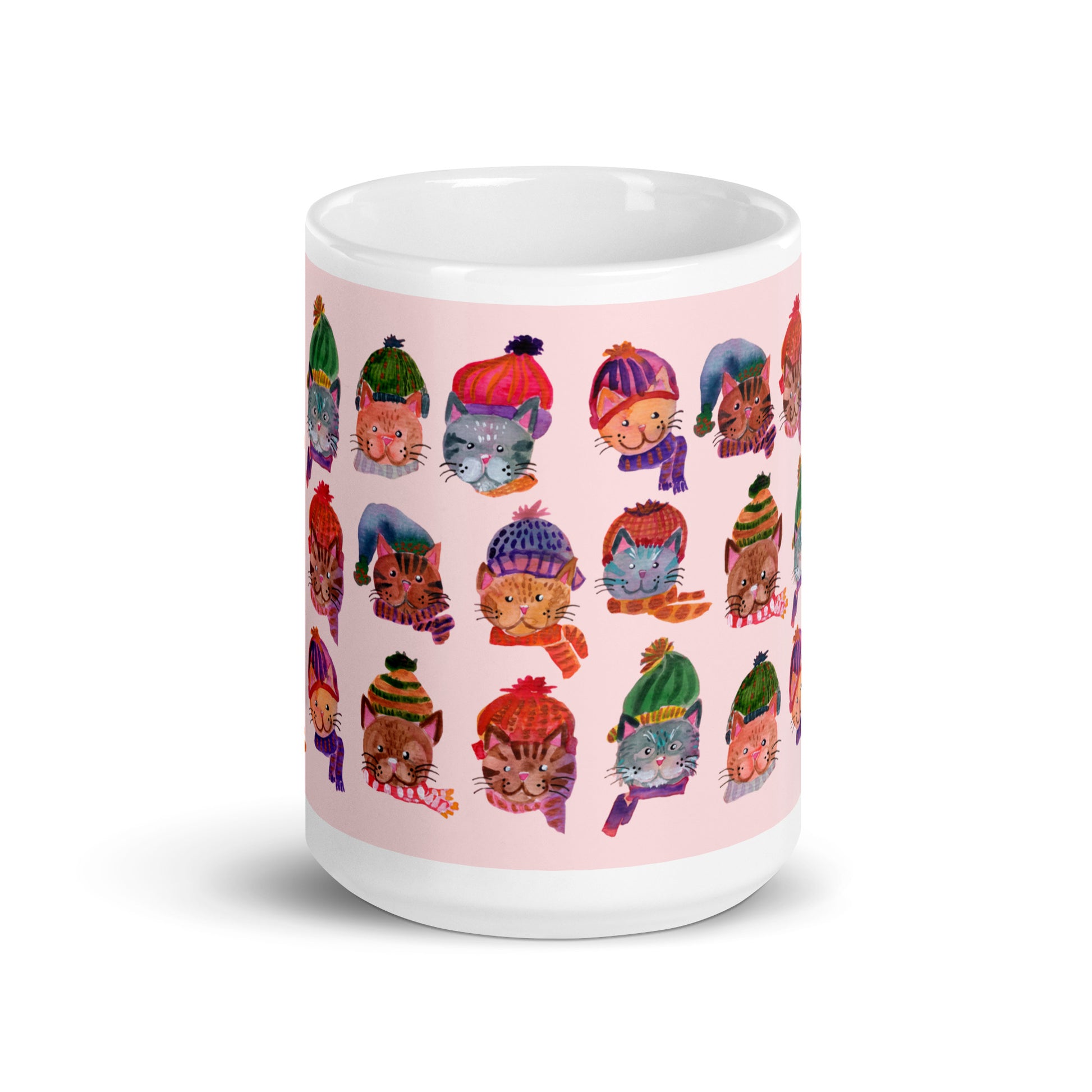 🎀 Cozy Cat Heads Mug – Whimsical Watercolor Cats in Knitted Hats & Scarves 🐱🧣✨ Pink Background | Glossy Ceramic Mug - SANDRAAS
