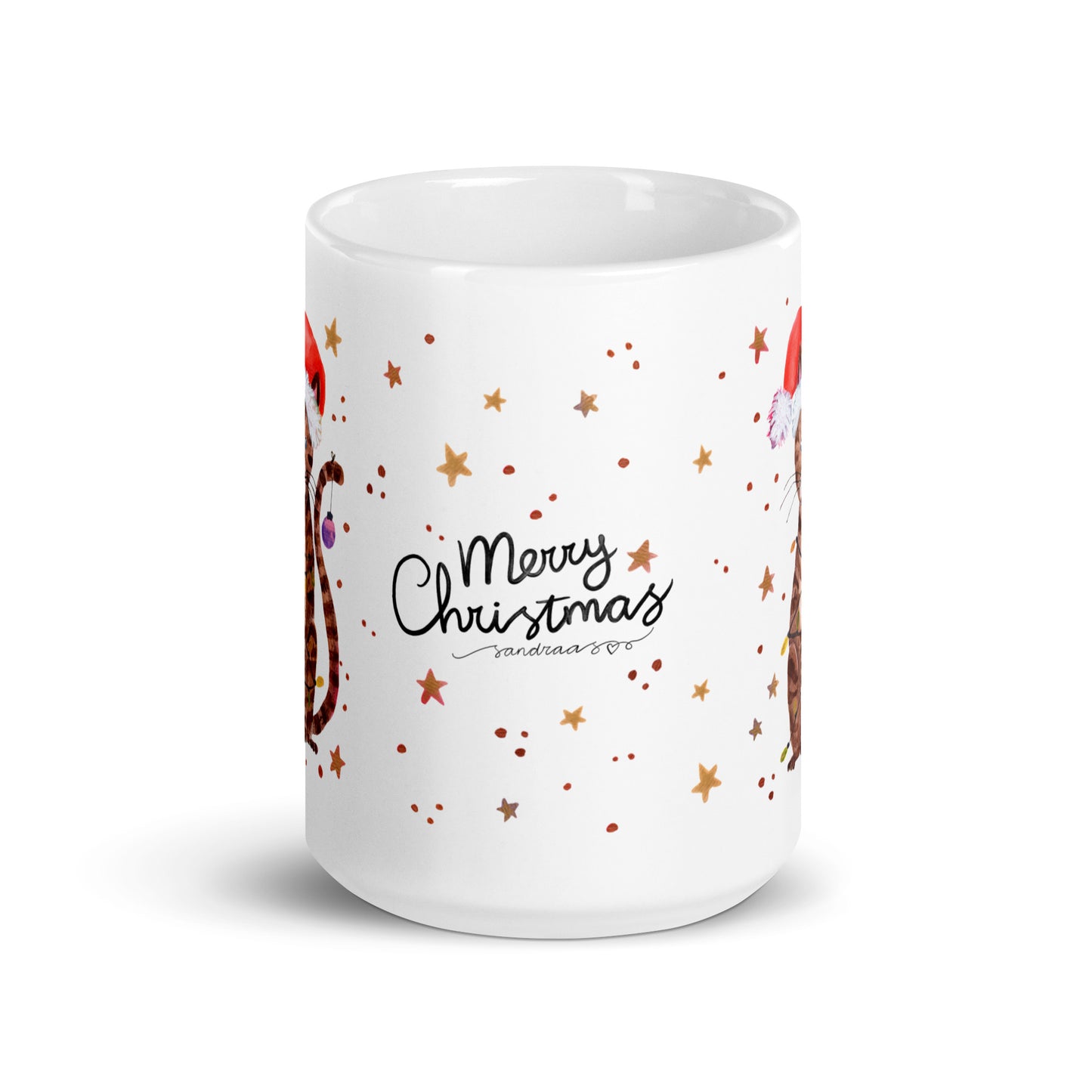 🎄 Merry Christmas Cat Mug – Whimsical Watercolor Cat in Santa Hat Wrapped in Christmas Lights 🐱✨ Glossy Ceramic Holiday Mug - SANDRAAS