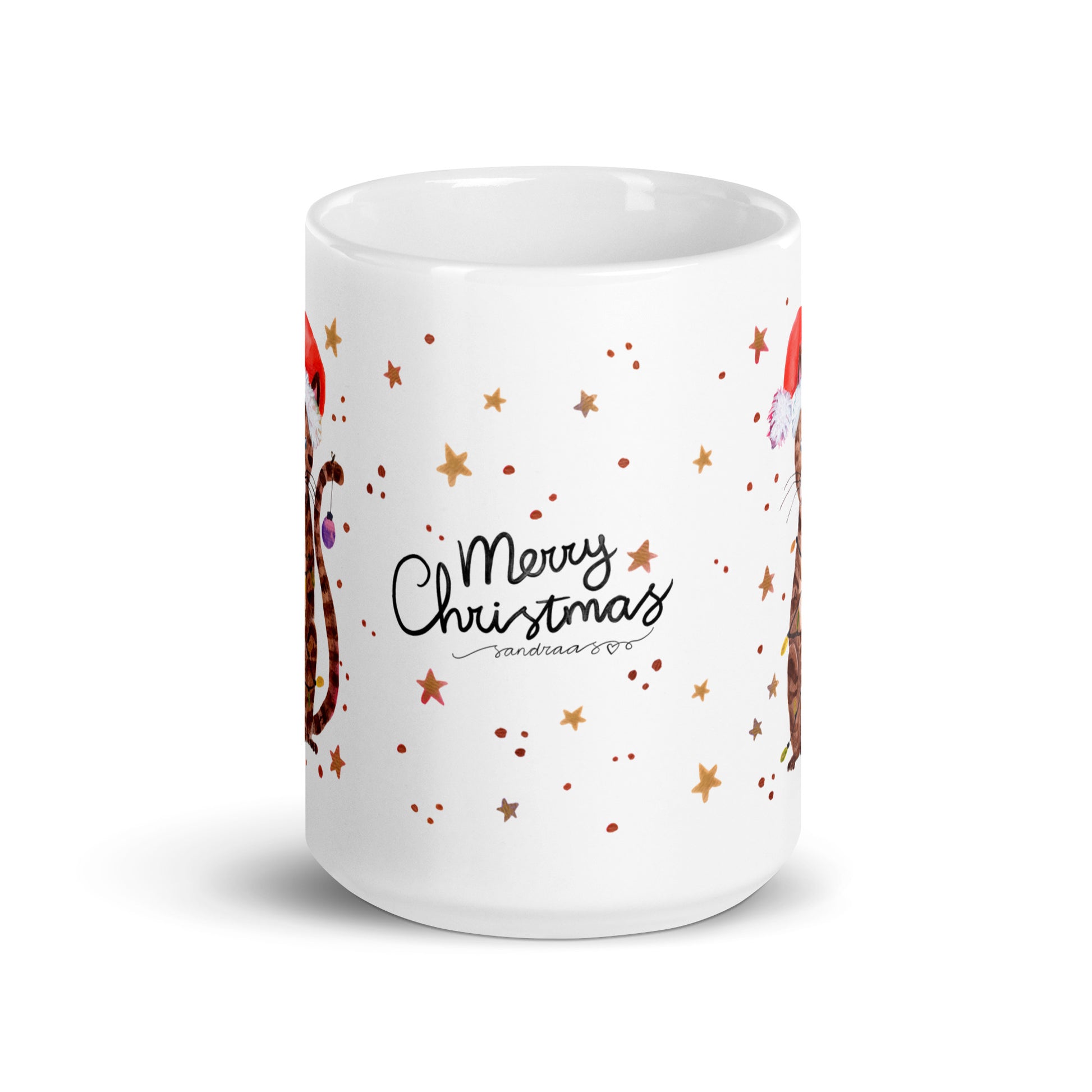 🎄 Merry Christmas Cat Mug – Whimsical Watercolor Cat in Santa Hat Wrapped in Christmas Lights 🐱✨ Glossy Ceramic Holiday Mug - SANDRAAS