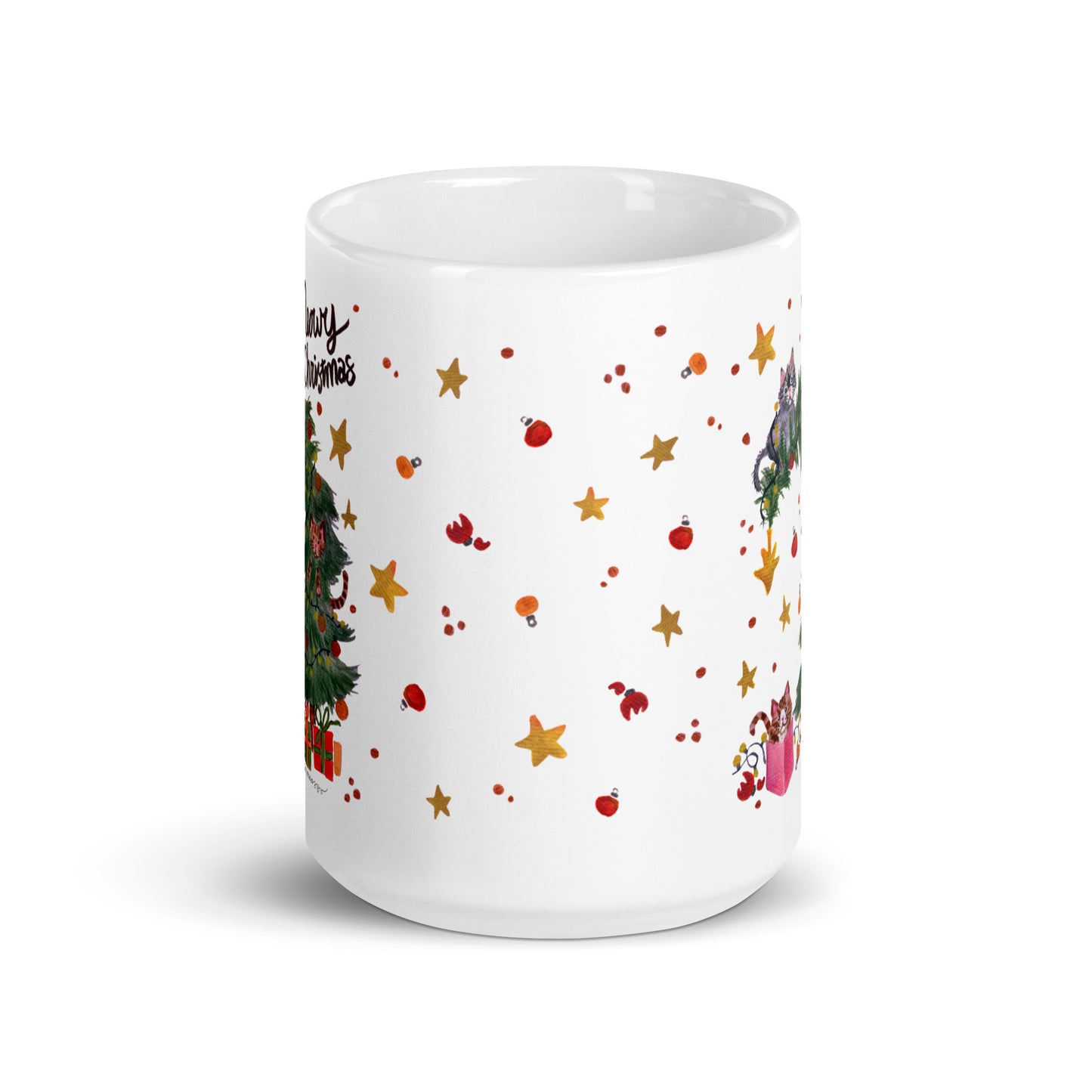 🎄 Meowy Christmas Cat Mug – Whimsical Watercolor Cats Playing in the Christmas Tree 😺🌲✨ Glossy Ceramic Holiday Mug - SANDRAAS