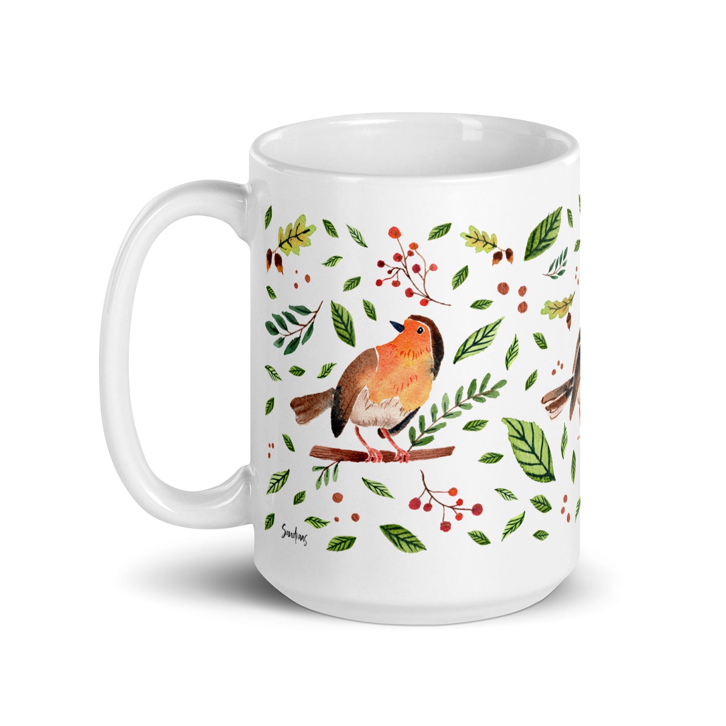 White glossy mug - Watercolor Robin Illustration