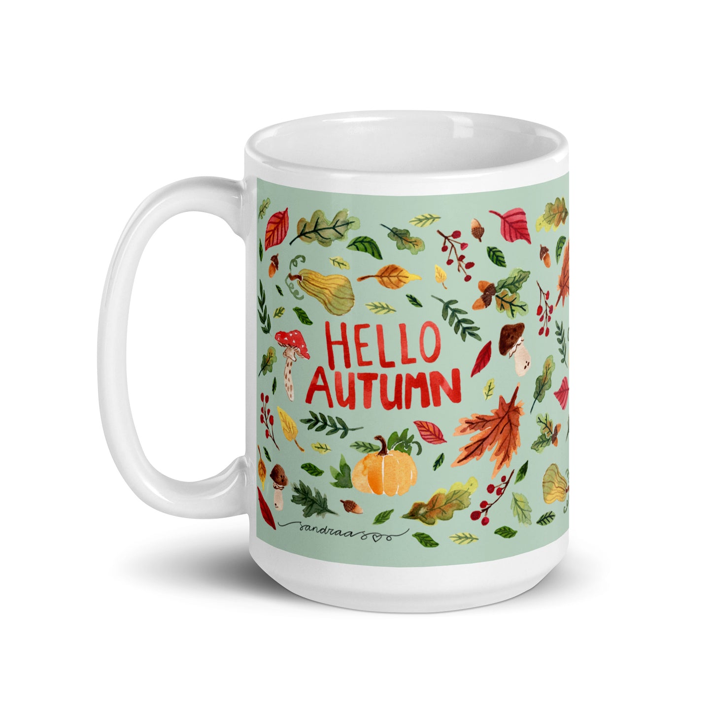 White glossy mug - Hello Autumn - Green