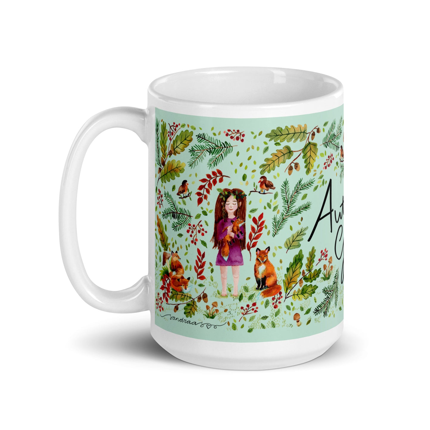 White glossy mug - Autumn Girl - Green