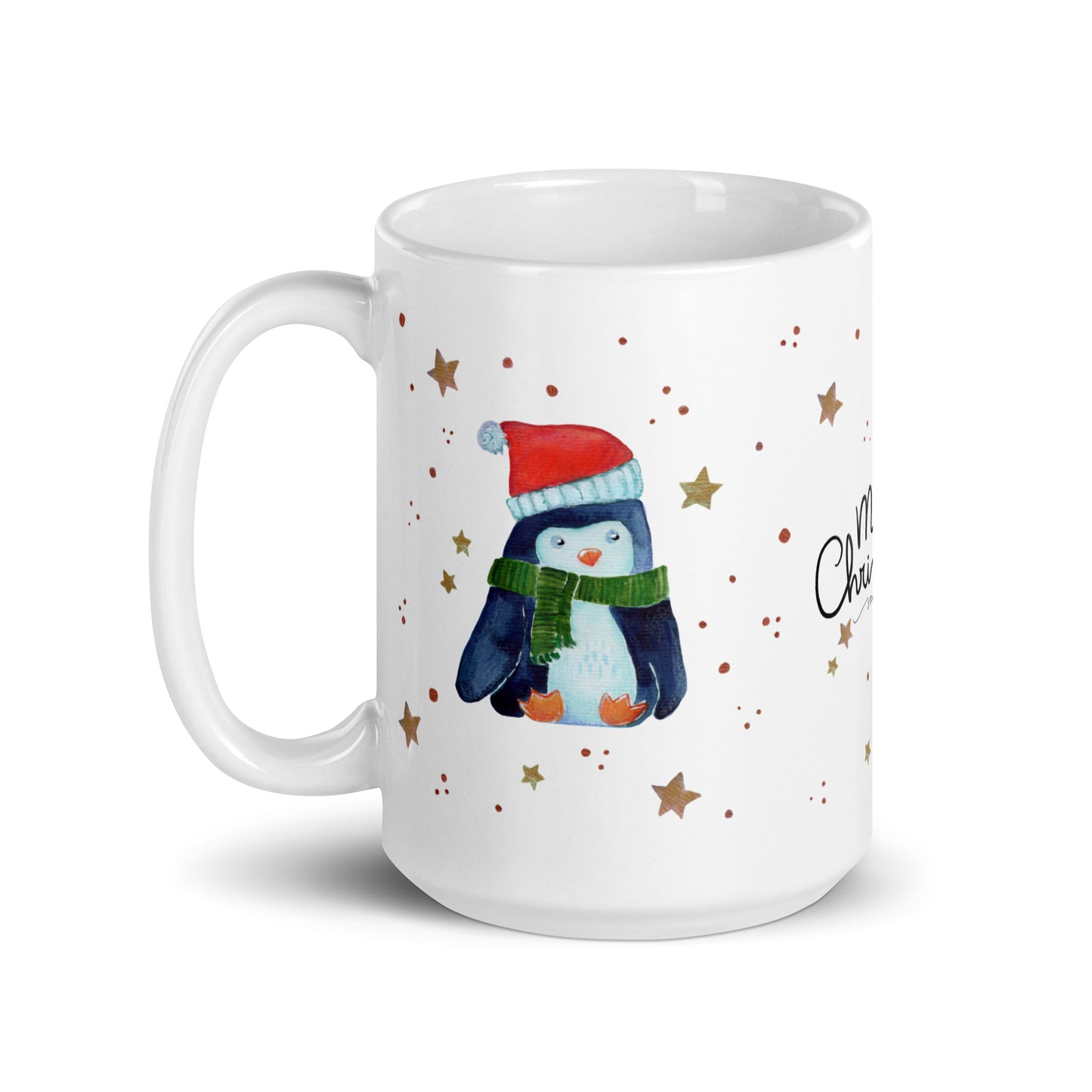 🎄 Merry Christmas Penguin Mug – Whimsical Watercolor Penguin in Green Scarf & Santa Hat 🐧✨ Glossy Ceramic Holiday Mug - SANDRAAS