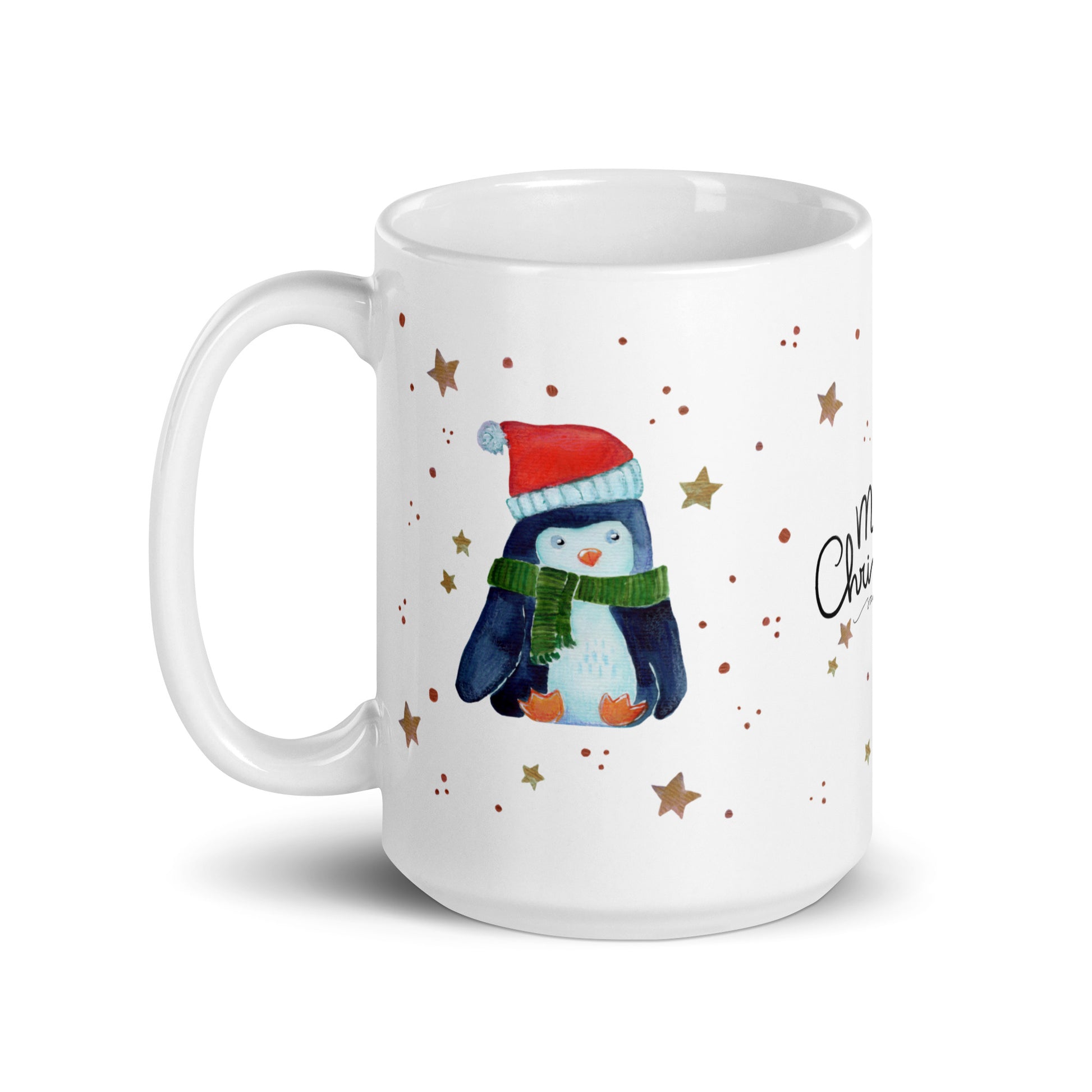 🎄 Merry Christmas Penguin Mug – Whimsical Watercolor Penguin in Green Scarf & Santa Hat 🐧✨ Glossy Ceramic Holiday Mug - SANDRAAS
