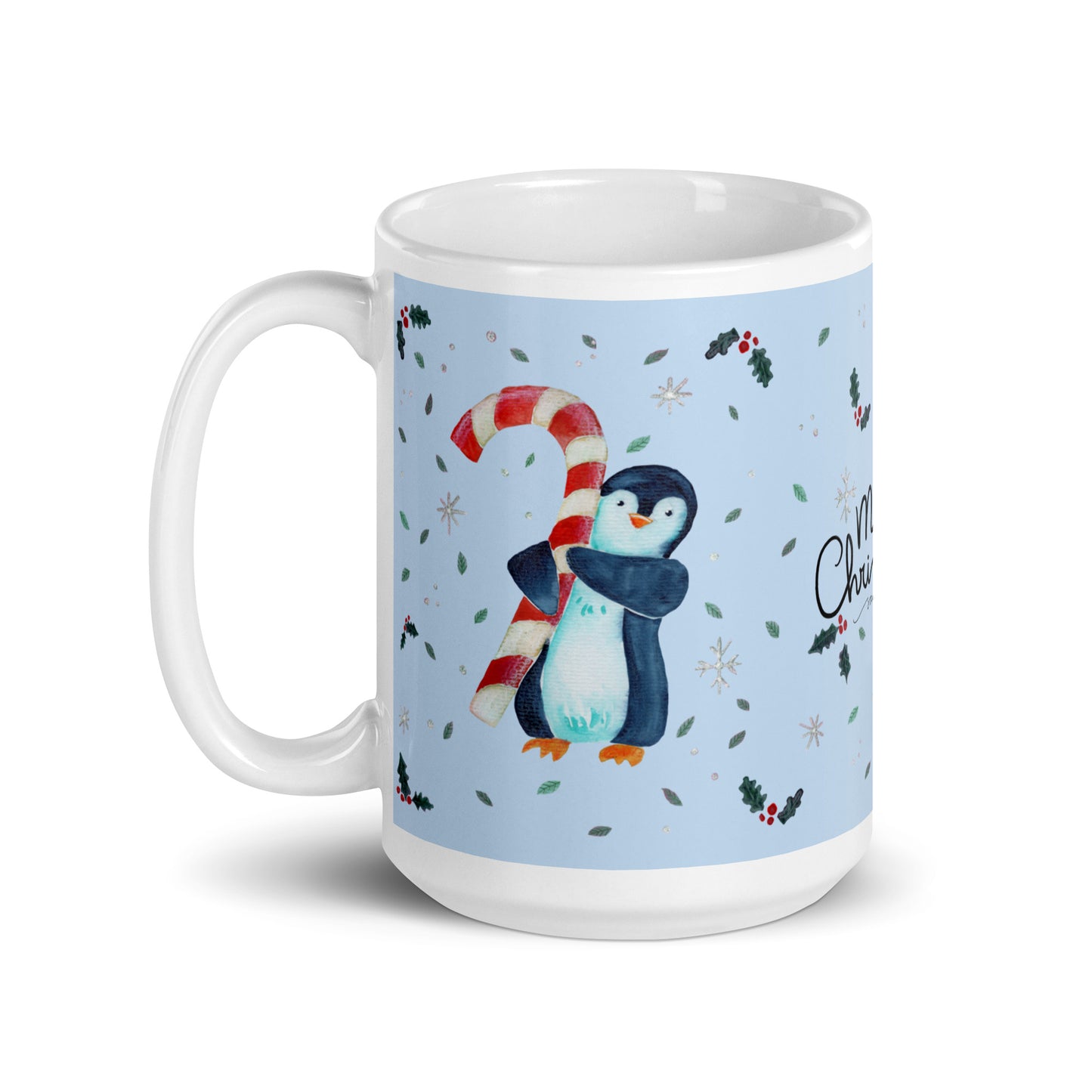 🎄 Merry Christmas Penguin Mug – Whimsical Watercolor Penguin Holding a Candy Cane 🐧🍬✨ Glossy Ceramic Holiday Mug (Light Blue Background) - SANDRAAS