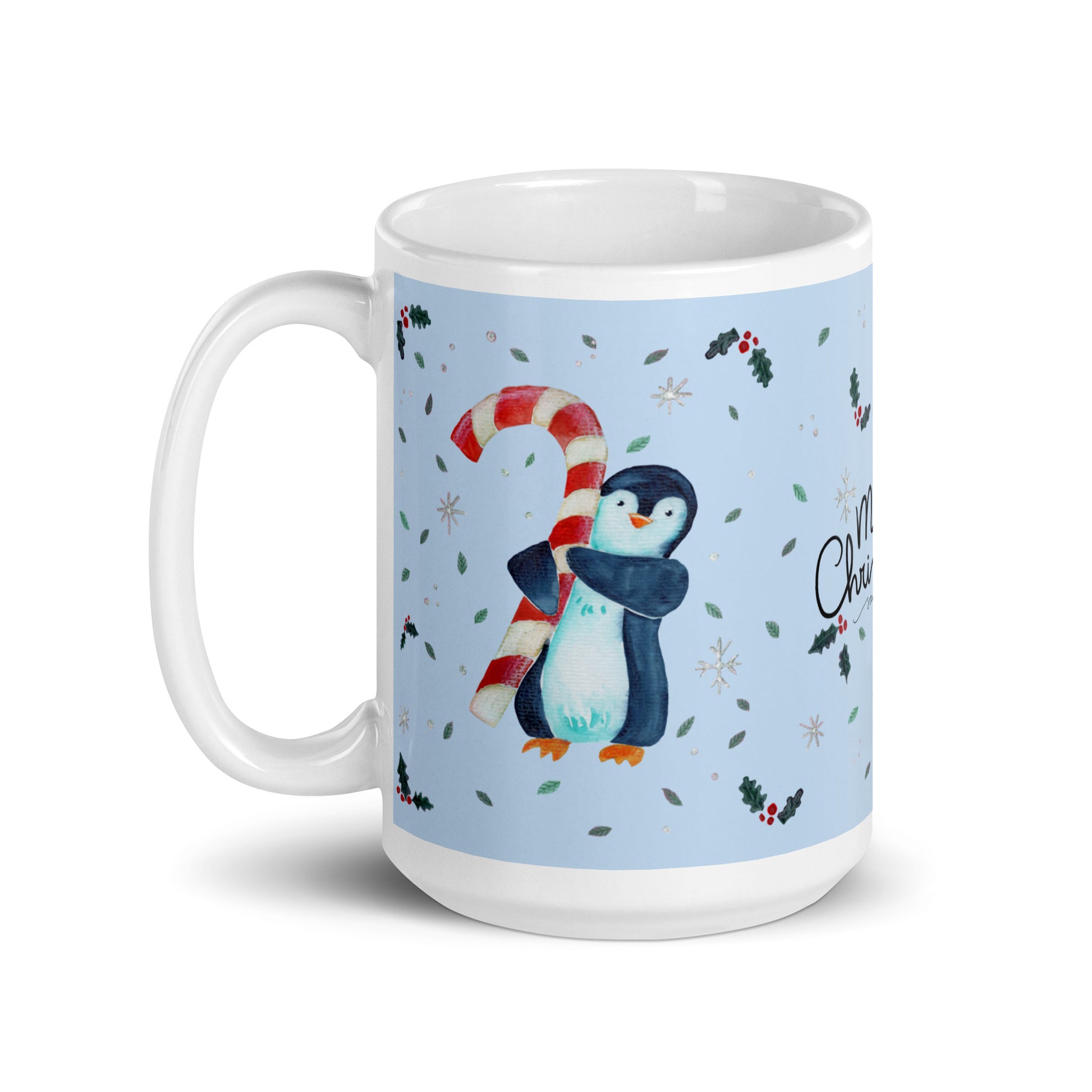 🎄 Merry Christmas Penguin Mug – Whimsical Watercolor Penguin Holding a Candy Cane 🐧🍬✨ Glossy Ceramic Holiday Mug (Light Blue Background) - SANDRAAS