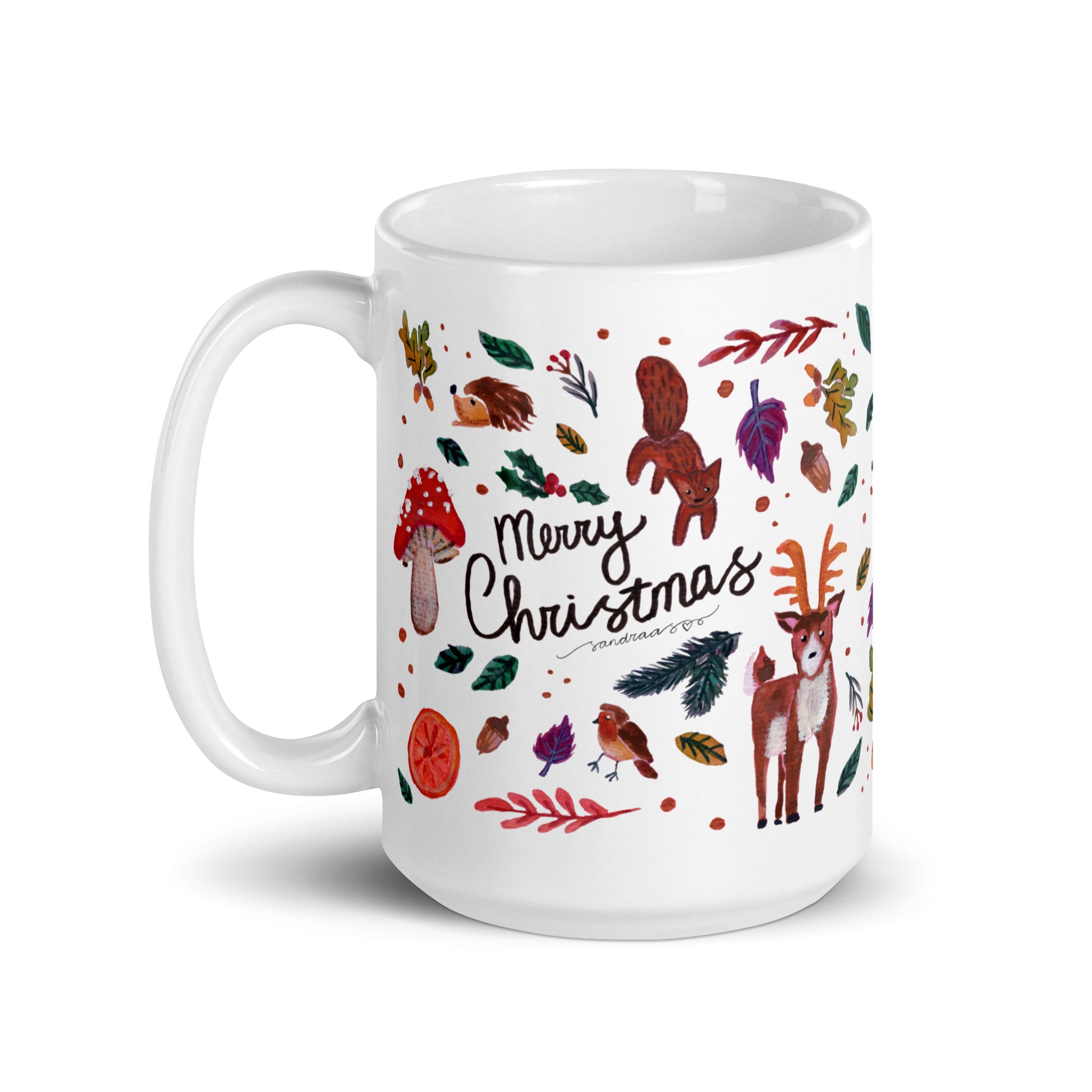 🎄 Merry Christmas Woodland Mug – Whimsical Watercolor Forest Animals, Leaves & Mushrooms 🍄🦌✨ Glossy Ceramic Holiday Mug - SANDRAAS