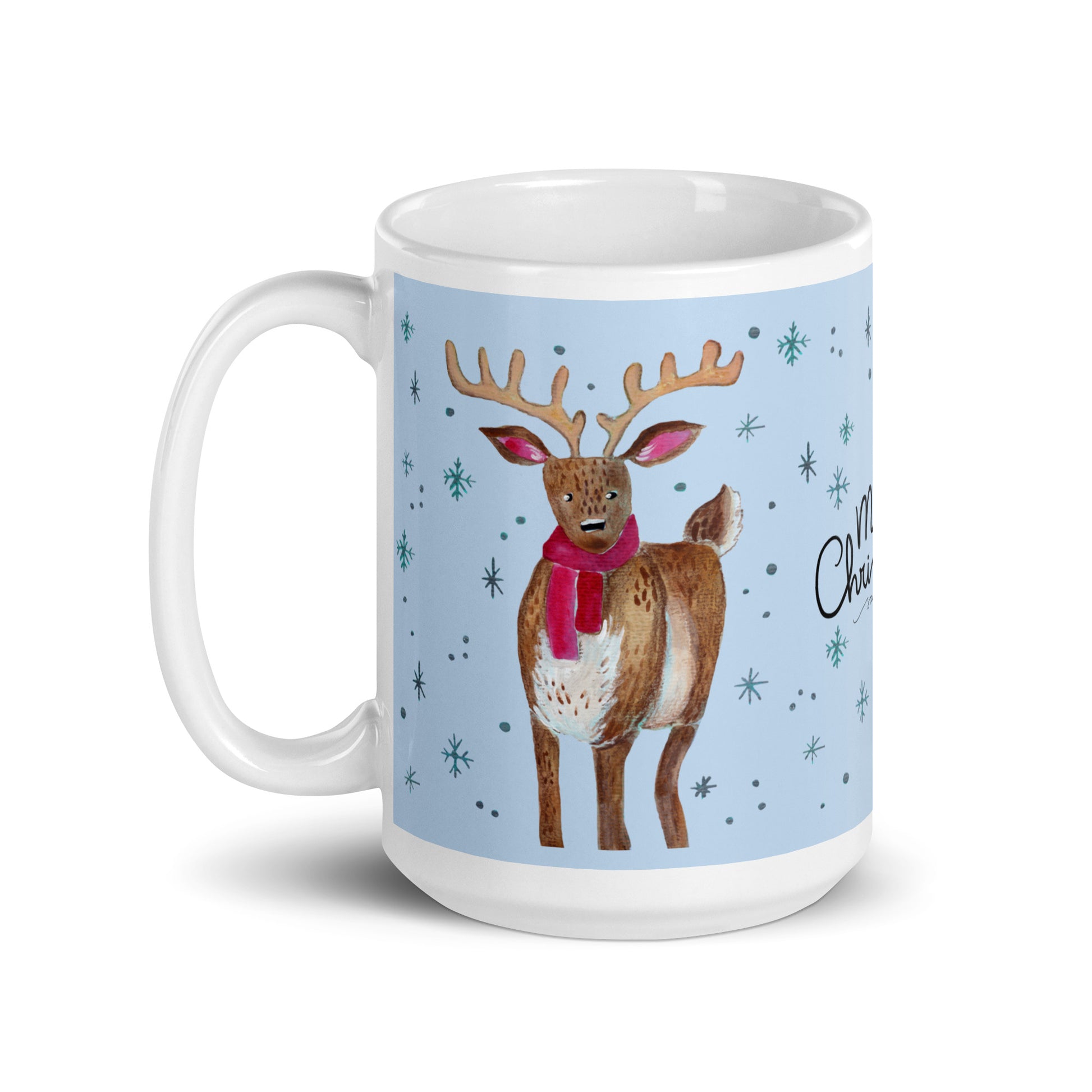 🎄 Merry Christmas Deer Mug – Whimsical Watercolor Deer in Cozy Shawl on Blue Background 🦌💙✨ Glossy Ceramic Holiday Mug - SANDRAAS