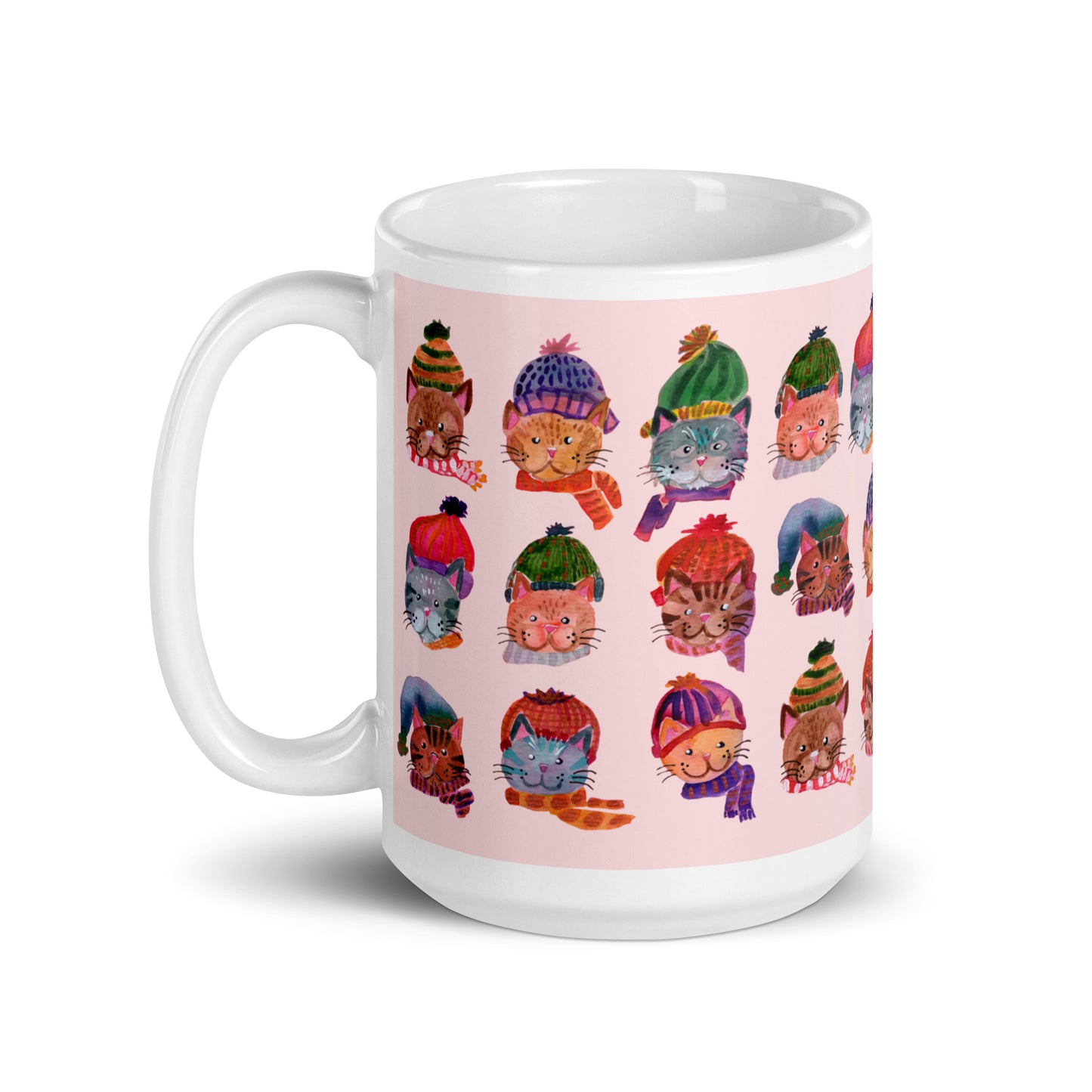 🎀 Cozy Cat Heads Mug – Whimsical Watercolor Cats in Knitted Hats & Scarves 🐱🧣✨ Pink Background | Glossy Ceramic Mug - SANDRAAS