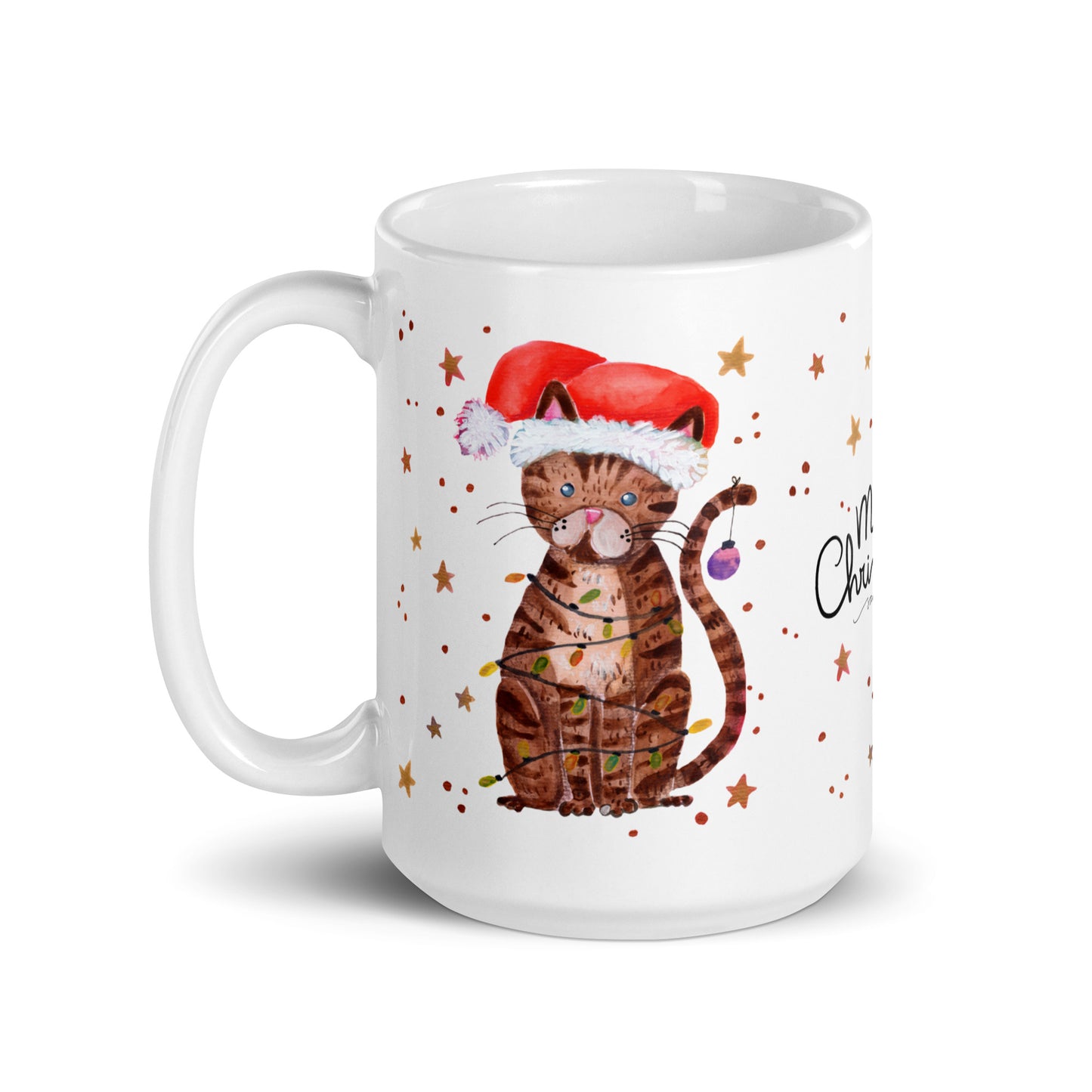 🎄 Merry Christmas Cat Mug – Whimsical Watercolor Cat in Santa Hat Wrapped in Christmas Lights 🐱✨ Glossy Ceramic Holiday Mug - SANDRAAS