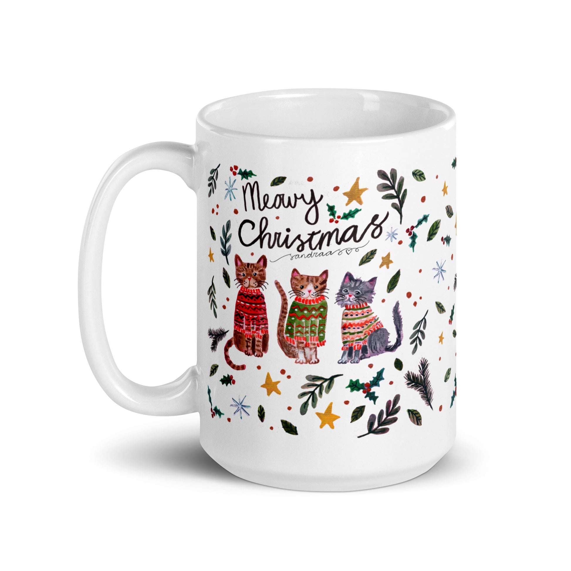 🎄 Meowy Christmas Cat Mug – Whimsical Watercolor Cats in Christmas Sweaters & Gift Boxes 😺🎁✨ Glossy Ceramic Holiday Mug - SANDRAAS