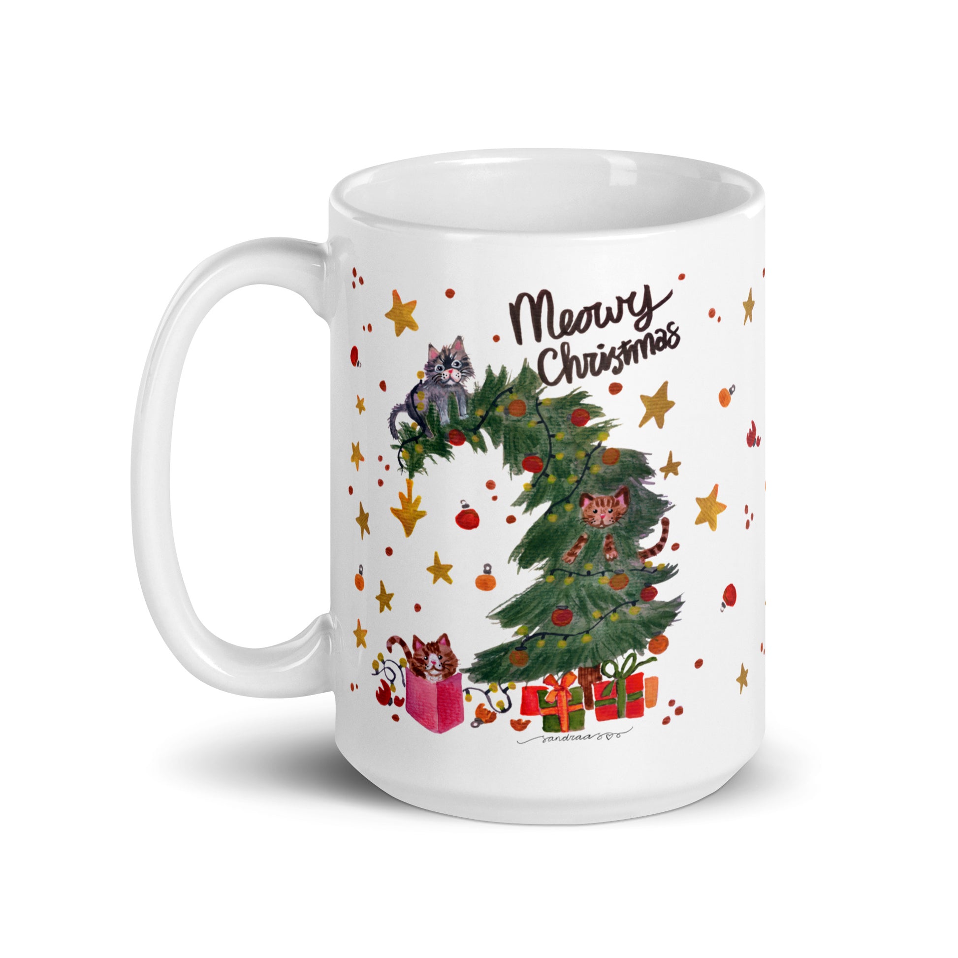 🎄 Meowy Christmas Cat Mug – Whimsical Watercolor Cats Playing in the Christmas Tree 😺🌲✨ Glossy Ceramic Holiday Mug - SANDRAAS
