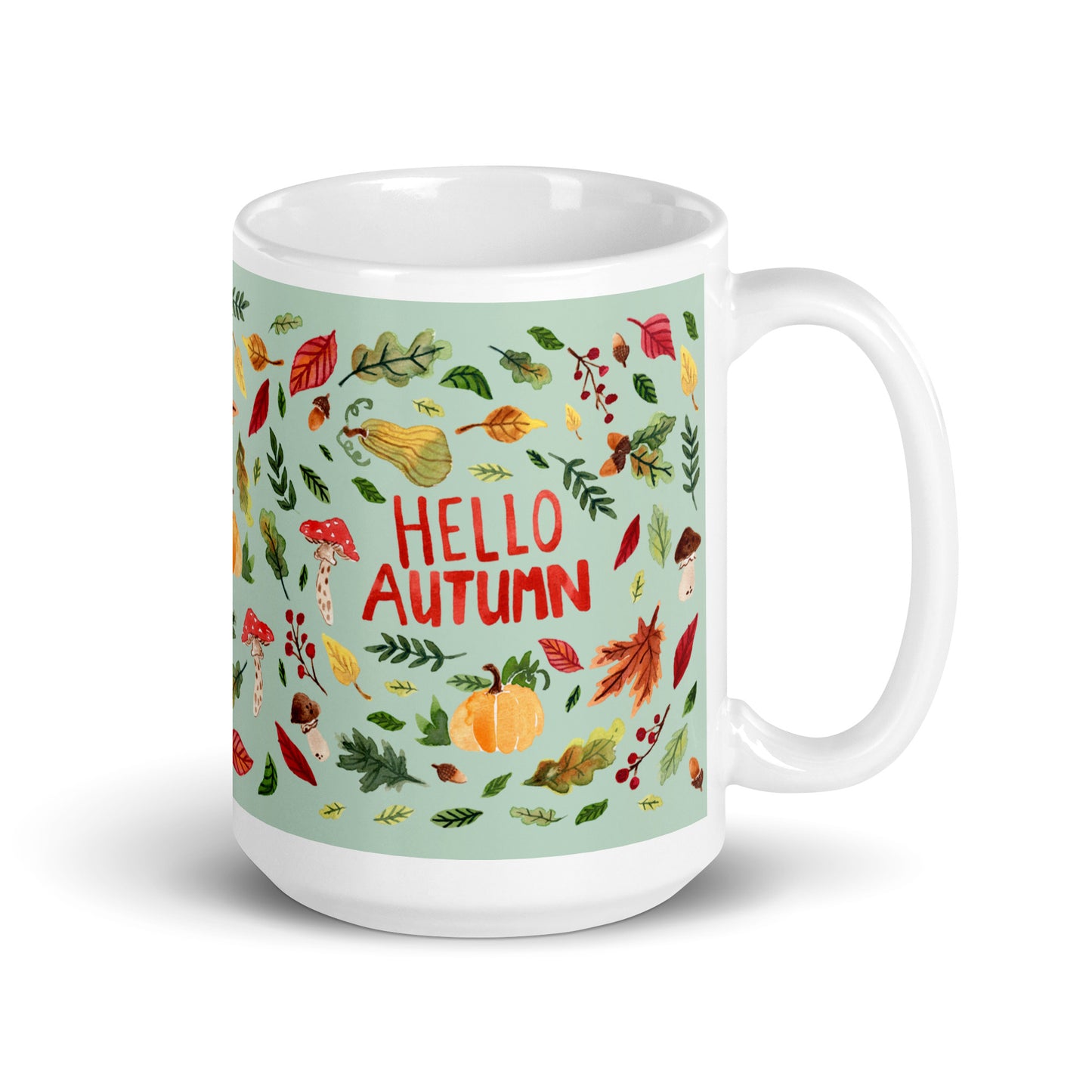 White glossy mug - Hello Autumn - Green