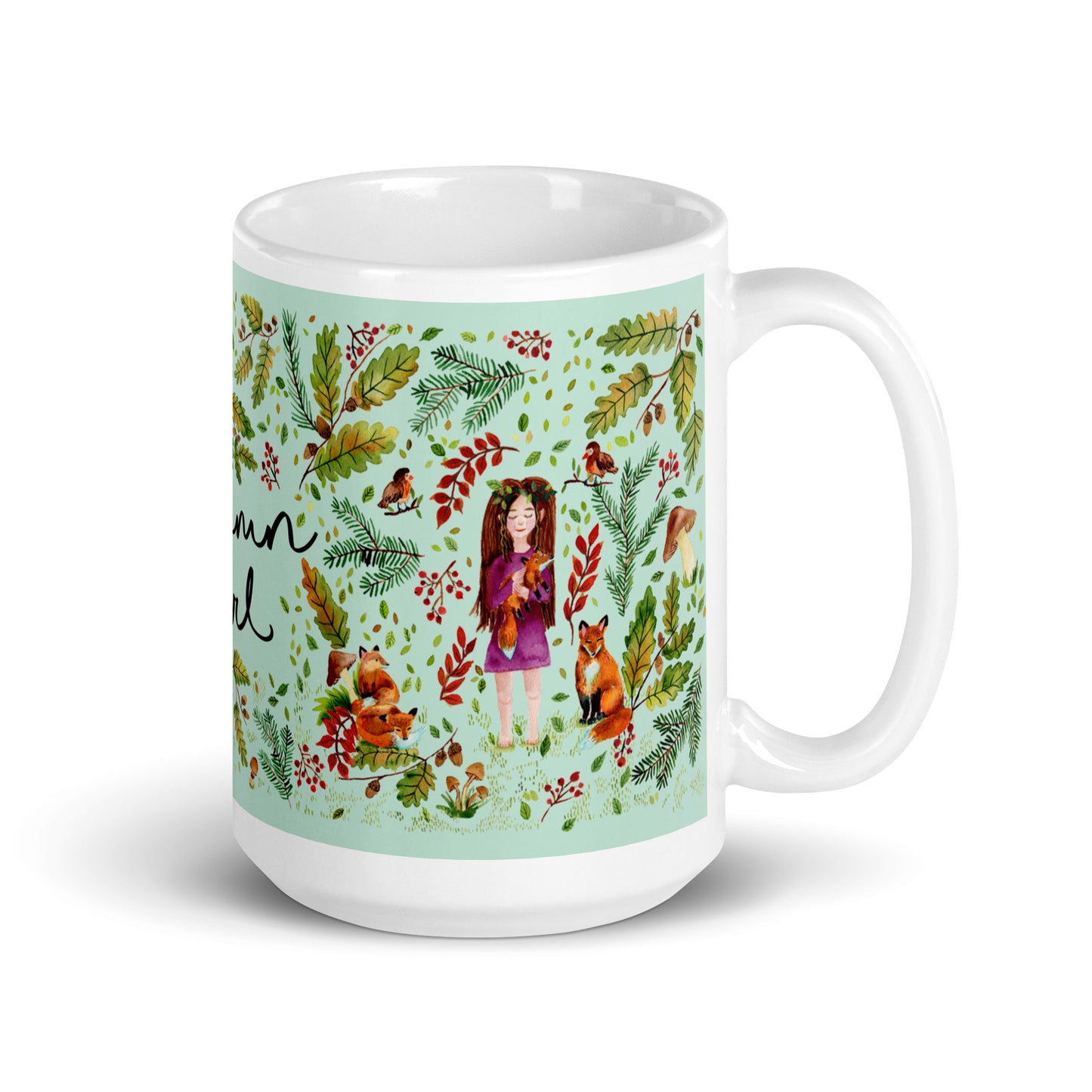 White glossy mug - Autumn Girl - Green