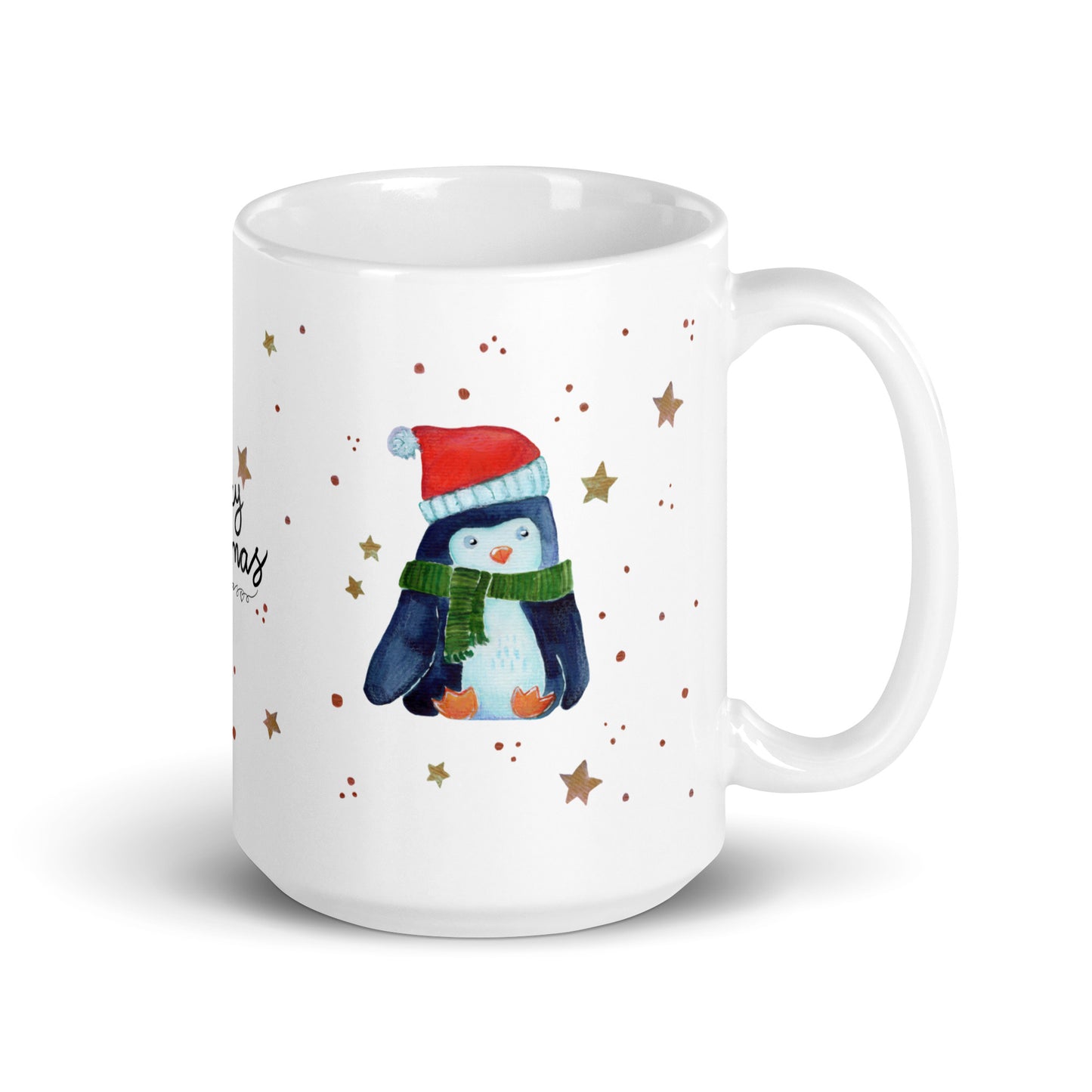 🎄 Merry Christmas Penguin Mug – Whimsical Watercolor Penguin in Green Scarf & Santa Hat 🐧✨ Glossy Ceramic Holiday Mug - SANDRAAS