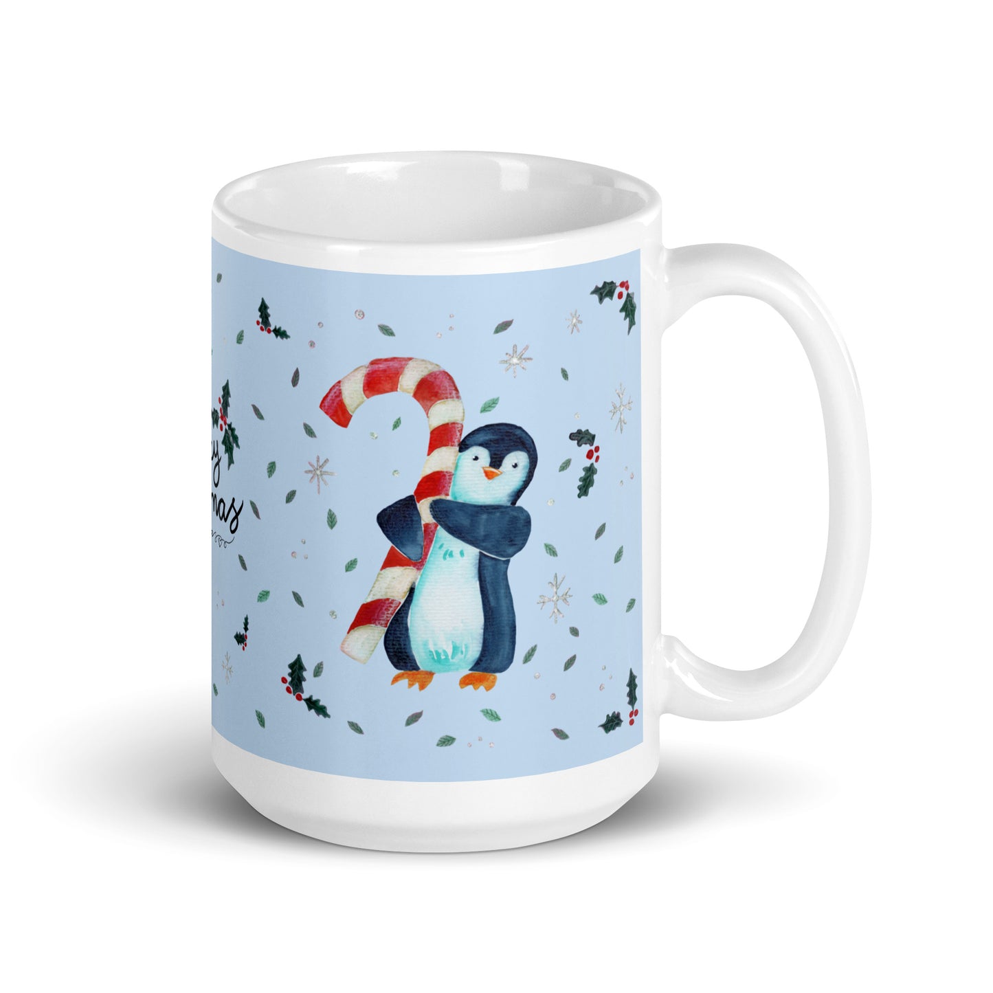 🎄 Merry Christmas Penguin Mug – Whimsical Watercolor Penguin Holding a Candy Cane 🐧🍬✨ Glossy Ceramic Holiday Mug (Light Blue Background) - SANDRAAS