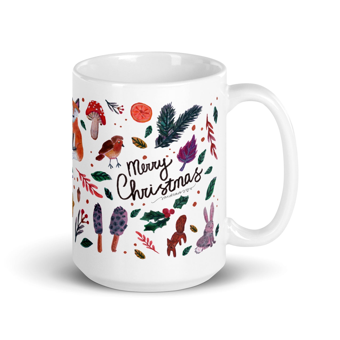 🎄 Merry Christmas Woodland Mug – Whimsical Watercolor Forest Animals, Leaves & Mushrooms 🍄🦌✨ Glossy Ceramic Holiday Mug - SANDRAAS