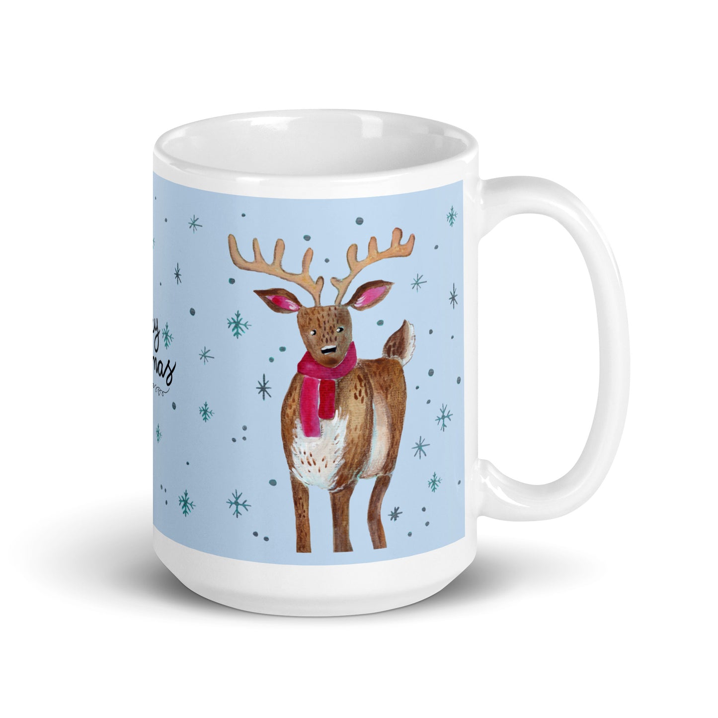 🎄 Merry Christmas Deer Mug – Whimsical Watercolor Deer in Cozy Shawl on Blue Background 🦌💙✨ Glossy Ceramic Holiday Mug - SANDRAAS