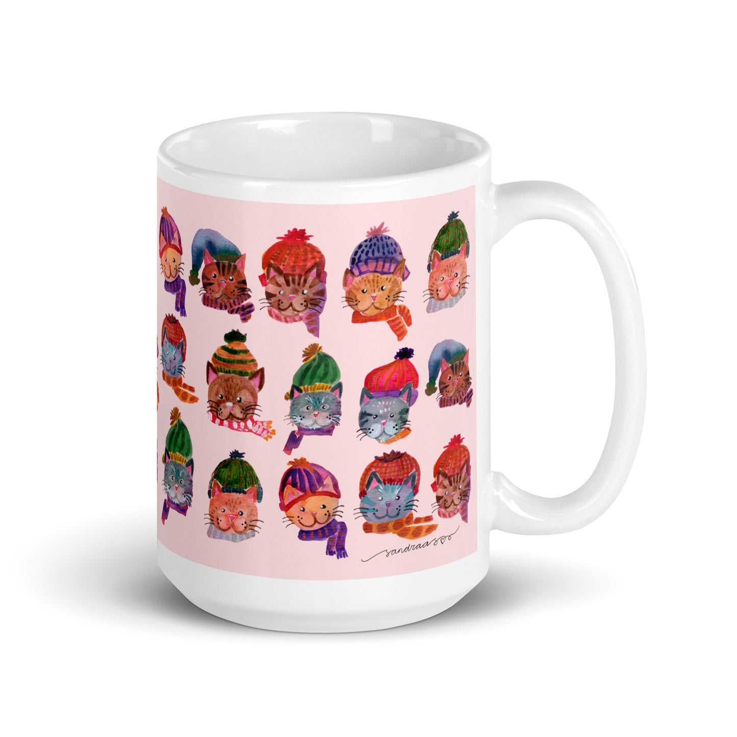🎀 Cozy Cat Heads Mug – Whimsical Watercolor Cats in Knitted Hats & Scarves 🐱🧣✨ Pink Background | Glossy Ceramic Mug - SANDRAAS
