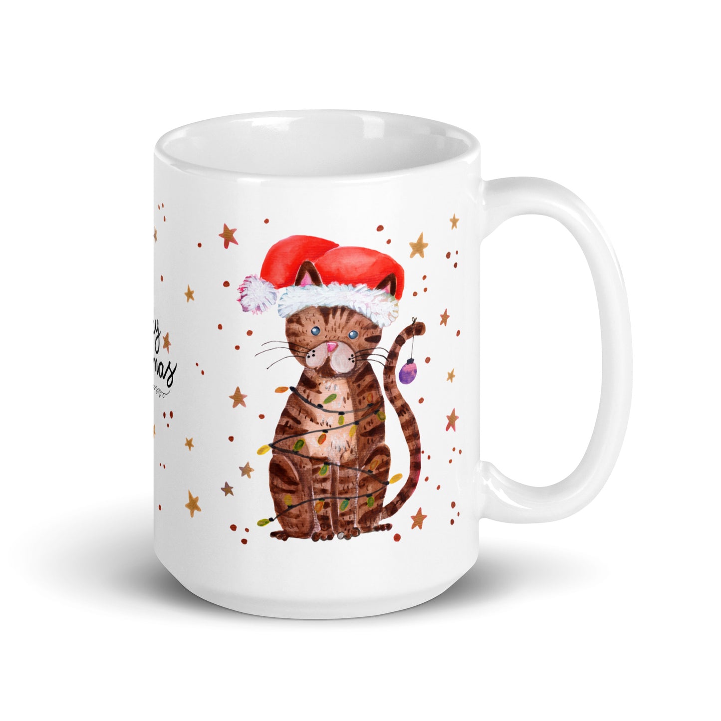 🎄 Merry Christmas Cat Mug – Whimsical Watercolor Cat in Santa Hat Wrapped in Christmas Lights 🐱✨ Glossy Ceramic Holiday Mug - SANDRAAS