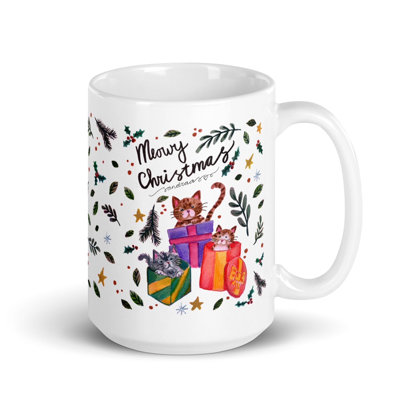 🎄 Meowy Christmas Cat Mug – Whimsical Watercolor Cats in Christmas Sweaters & Gift Boxes 😺🎁✨ Glossy Ceramic Holiday Mug - SANDRAAS