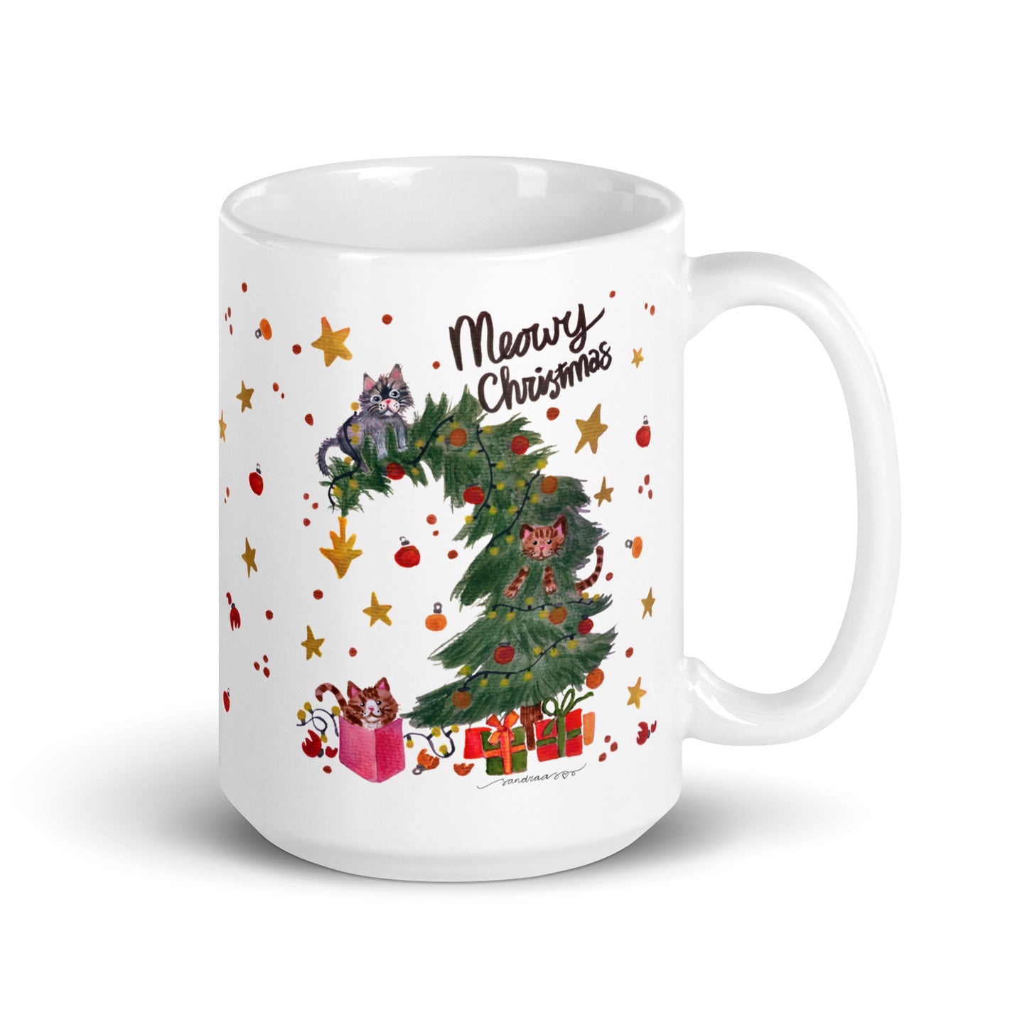 🎄 Meowy Christmas Cat Mug – Whimsical Watercolor Cats Playing in the Christmas Tree 😺🌲✨ Glossy Ceramic Holiday Mug - SANDRAAS