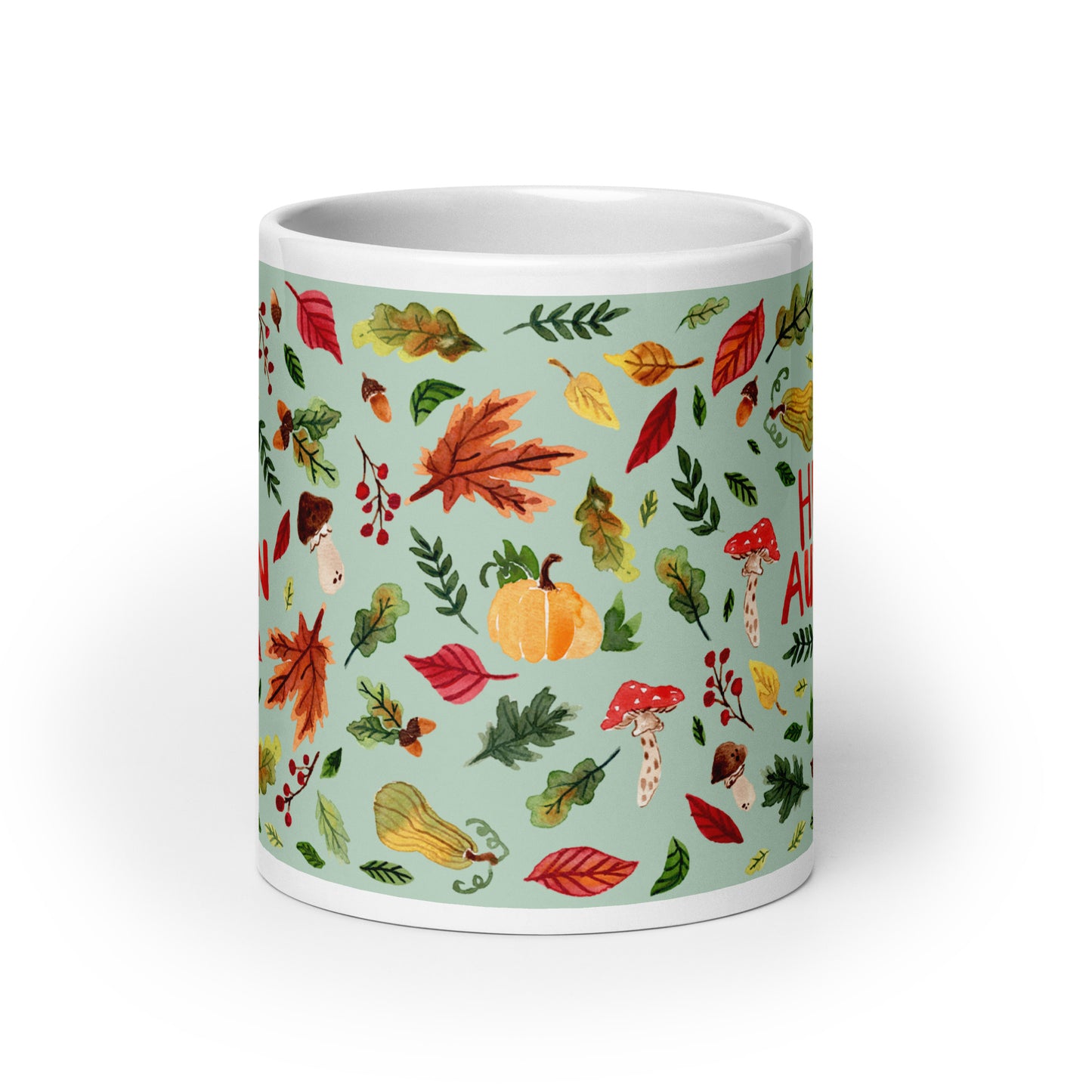 White glossy mug - Hello Autumn - Green