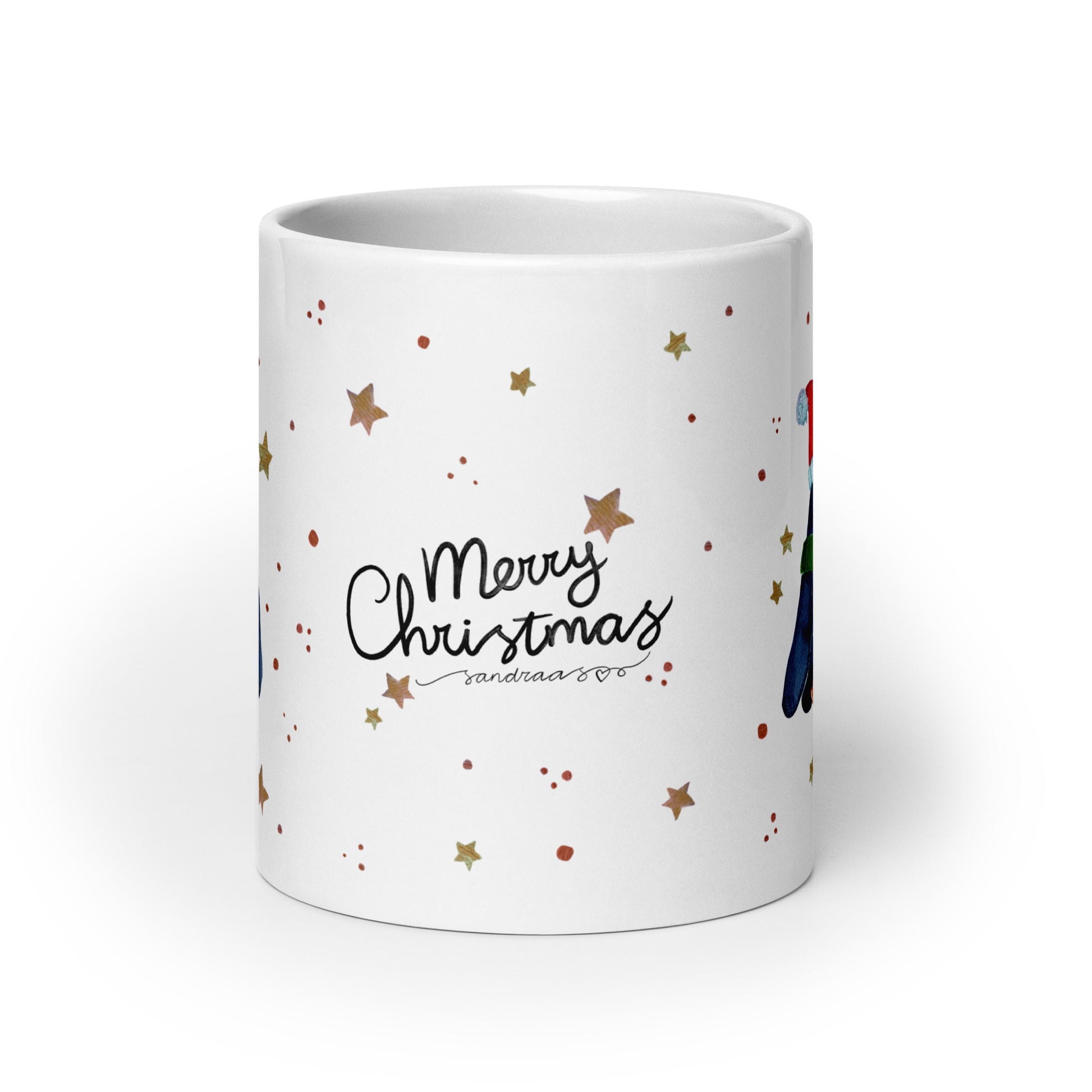 🎄 Merry Christmas Penguin Mug – Whimsical Watercolor Penguin in Green Scarf & Santa Hat 🐧✨ Glossy Ceramic Holiday Mug - SANDRAAS