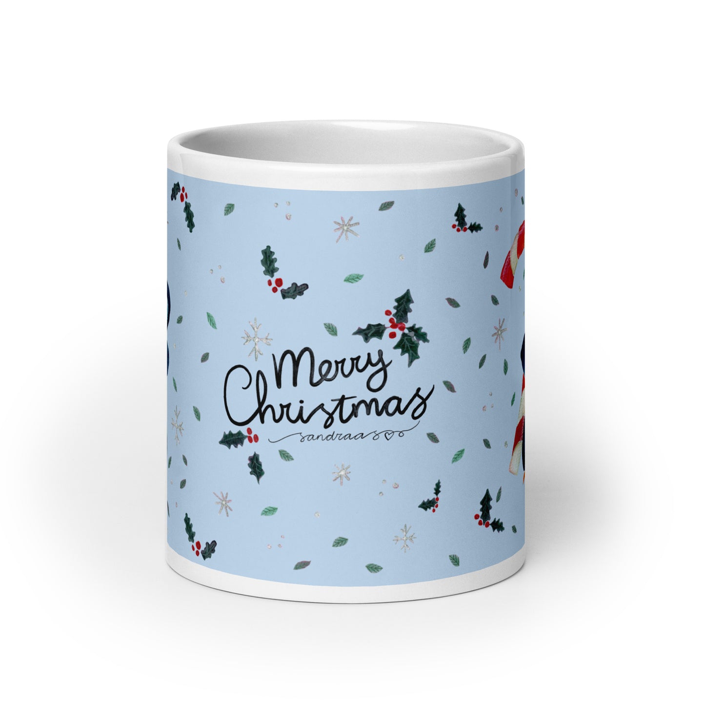 🎄 Merry Christmas Penguin Mug – Whimsical Watercolor Penguin Holding a Candy Cane 🐧🍬✨ Glossy Ceramic Holiday Mug (Light Blue Background) - SANDRAAS