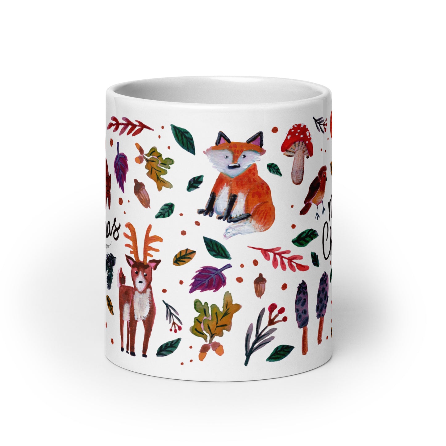🎄 Merry Christmas Woodland Mug – Whimsical Watercolor Forest Animals, Leaves & Mushrooms 🍄🦌✨ Glossy Ceramic Holiday Mug - SANDRAAS