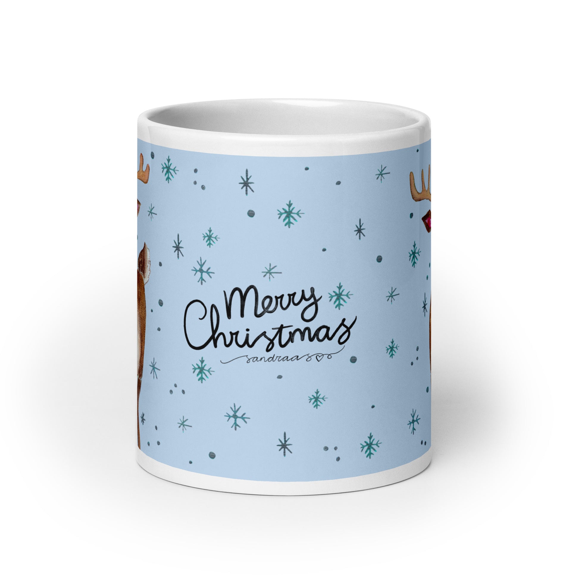 🎄 Merry Christmas Deer Mug – Whimsical Watercolor Deer in Cozy Shawl on Blue Background 🦌💙✨ Glossy Ceramic Holiday Mug - SANDRAAS