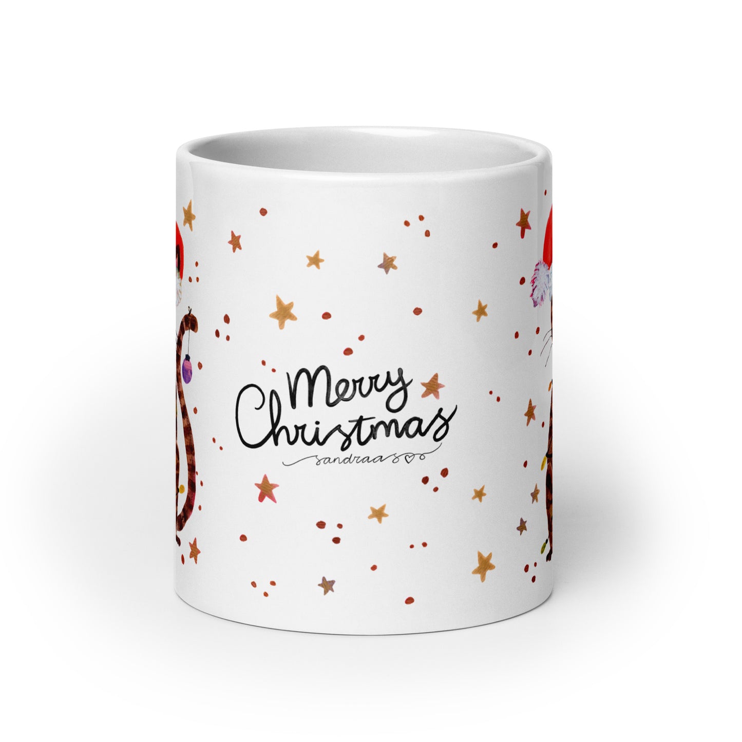 🎄 Merry Christmas Cat Mug – Whimsical Watercolor Cat in Santa Hat Wrapped in Christmas Lights 🐱✨ Glossy Ceramic Holiday Mug - SANDRAAS