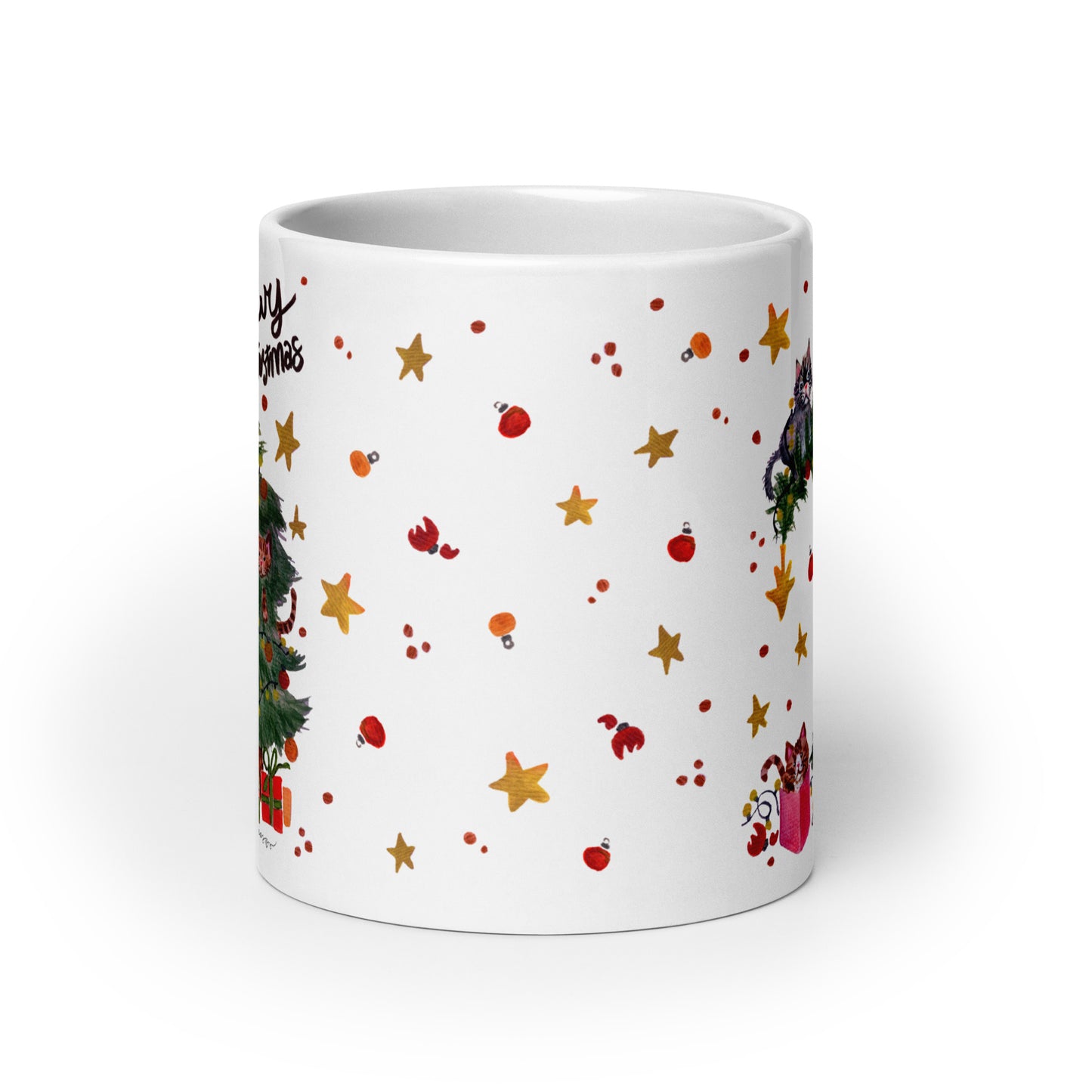 🎄 Meowy Christmas Cat Mug – Whimsical Watercolor Cats Playing in the Christmas Tree 😺🌲✨ Glossy Ceramic Holiday Mug - SANDRAAS