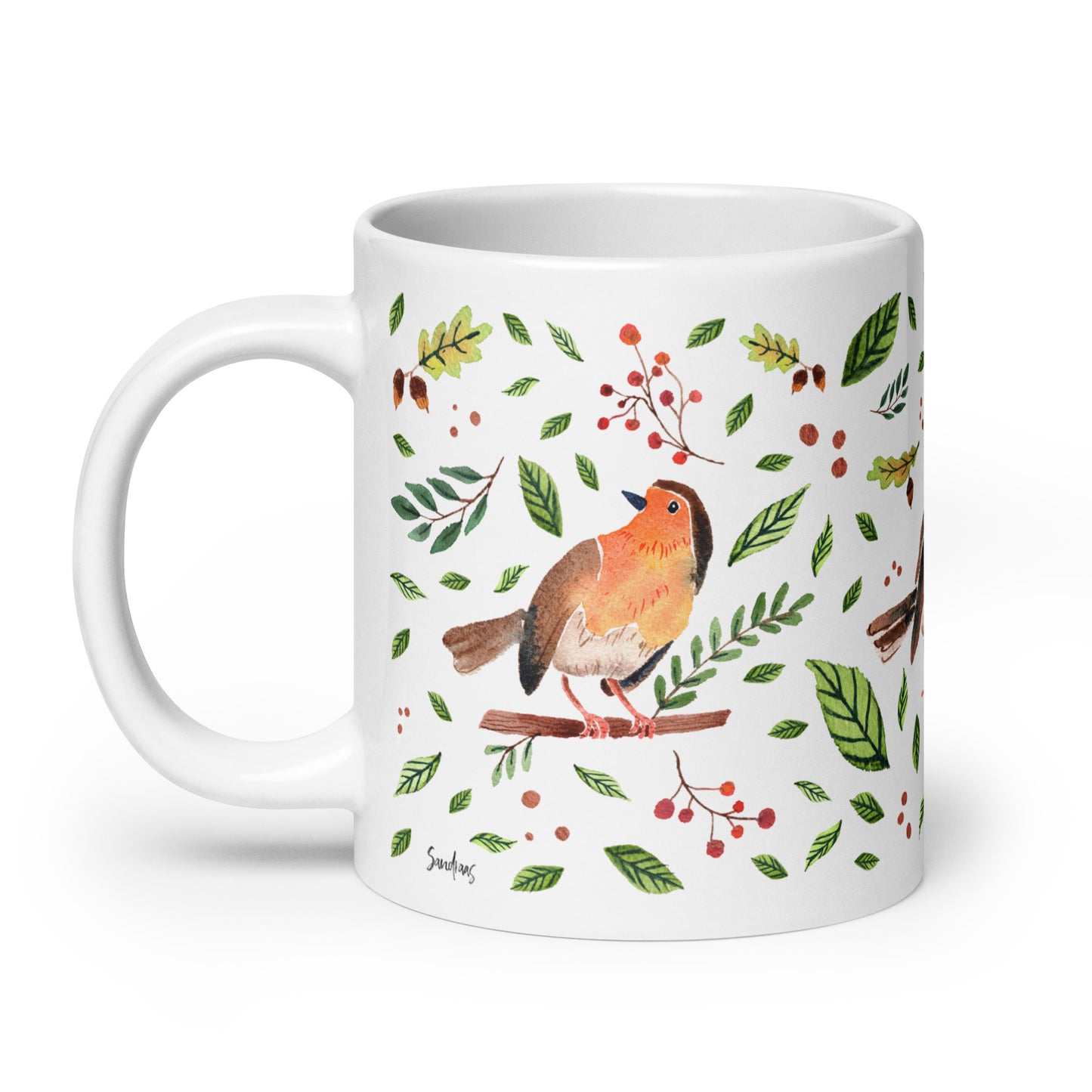 White glossy mug - Watercolor Robin Illustration