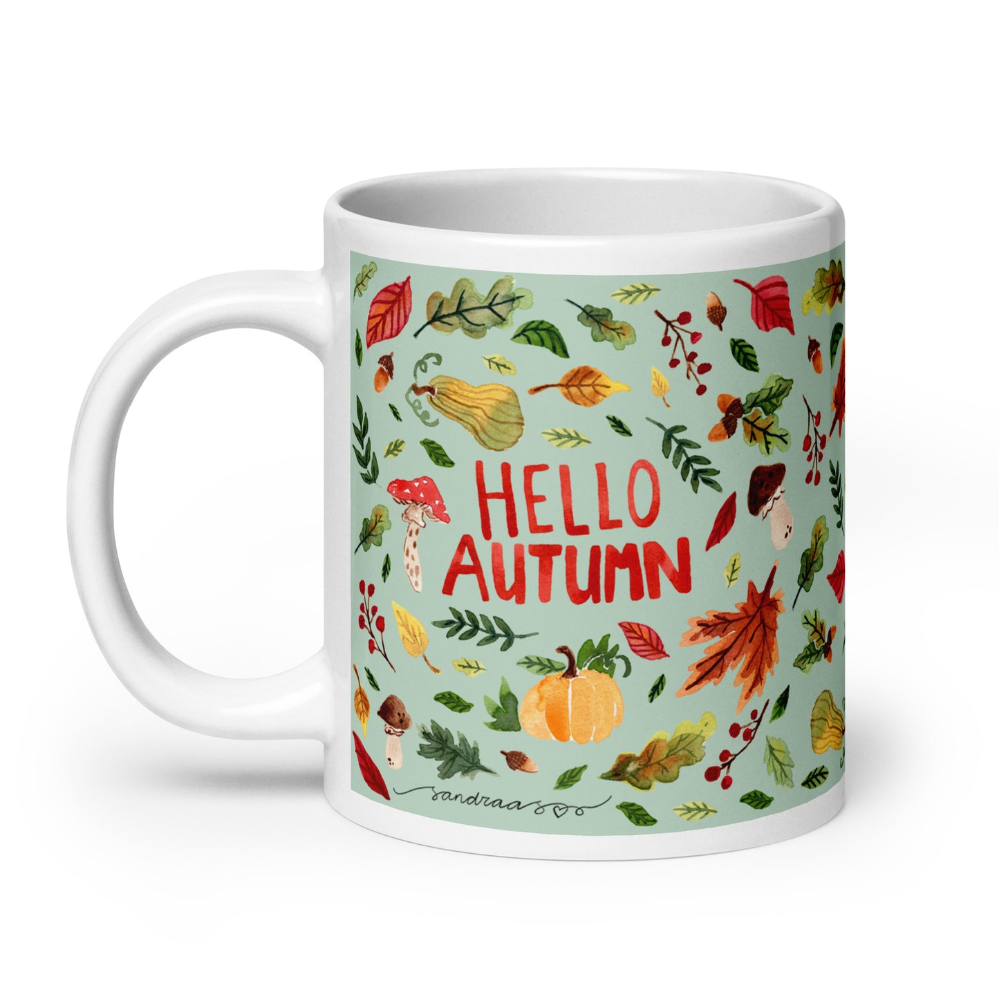 White glossy mug - Hello Autumn - Green