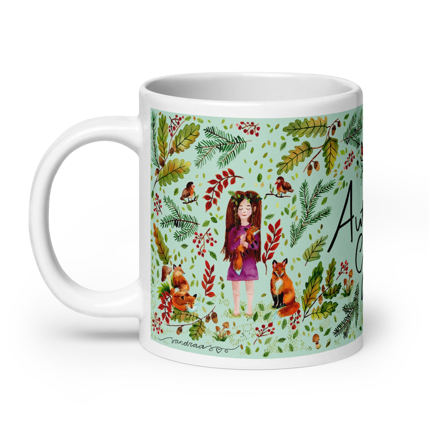 White glossy mug - Autumn Girl - Green