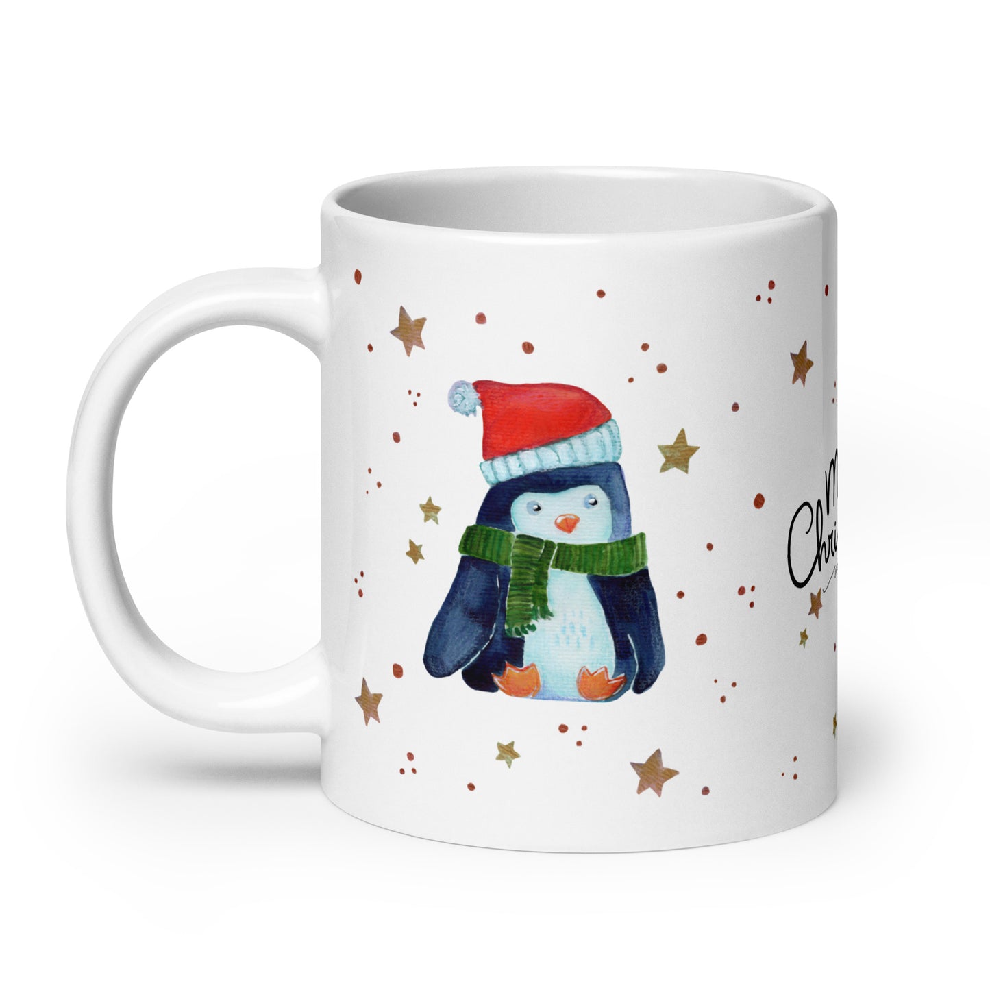 🎄 Merry Christmas Penguin Mug – Whimsical Watercolor Penguin in Green Scarf & Santa Hat 🐧✨ Glossy Ceramic Holiday Mug - SANDRAAS