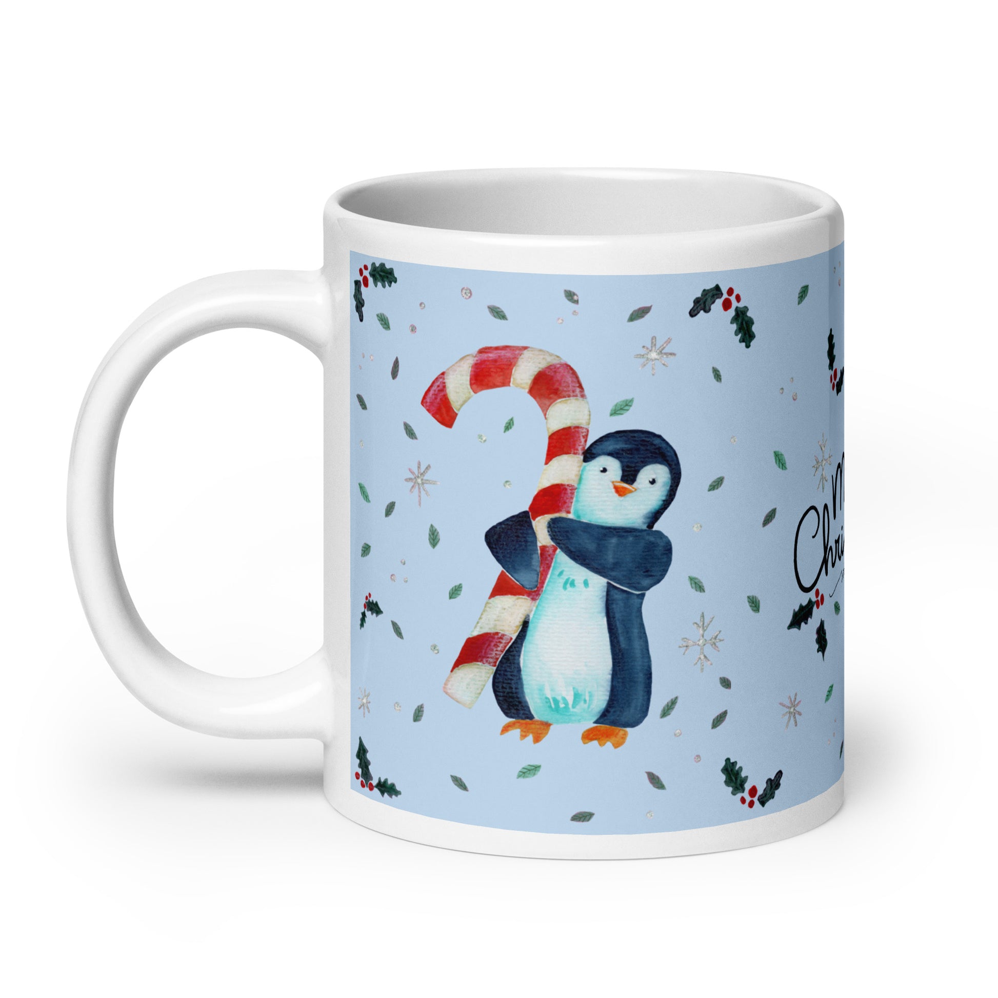 🎄 Merry Christmas Penguin Mug – Whimsical Watercolor Penguin Holding a Candy Cane 🐧🍬✨ Glossy Ceramic Holiday Mug (Light Blue Background) - SANDRAAS