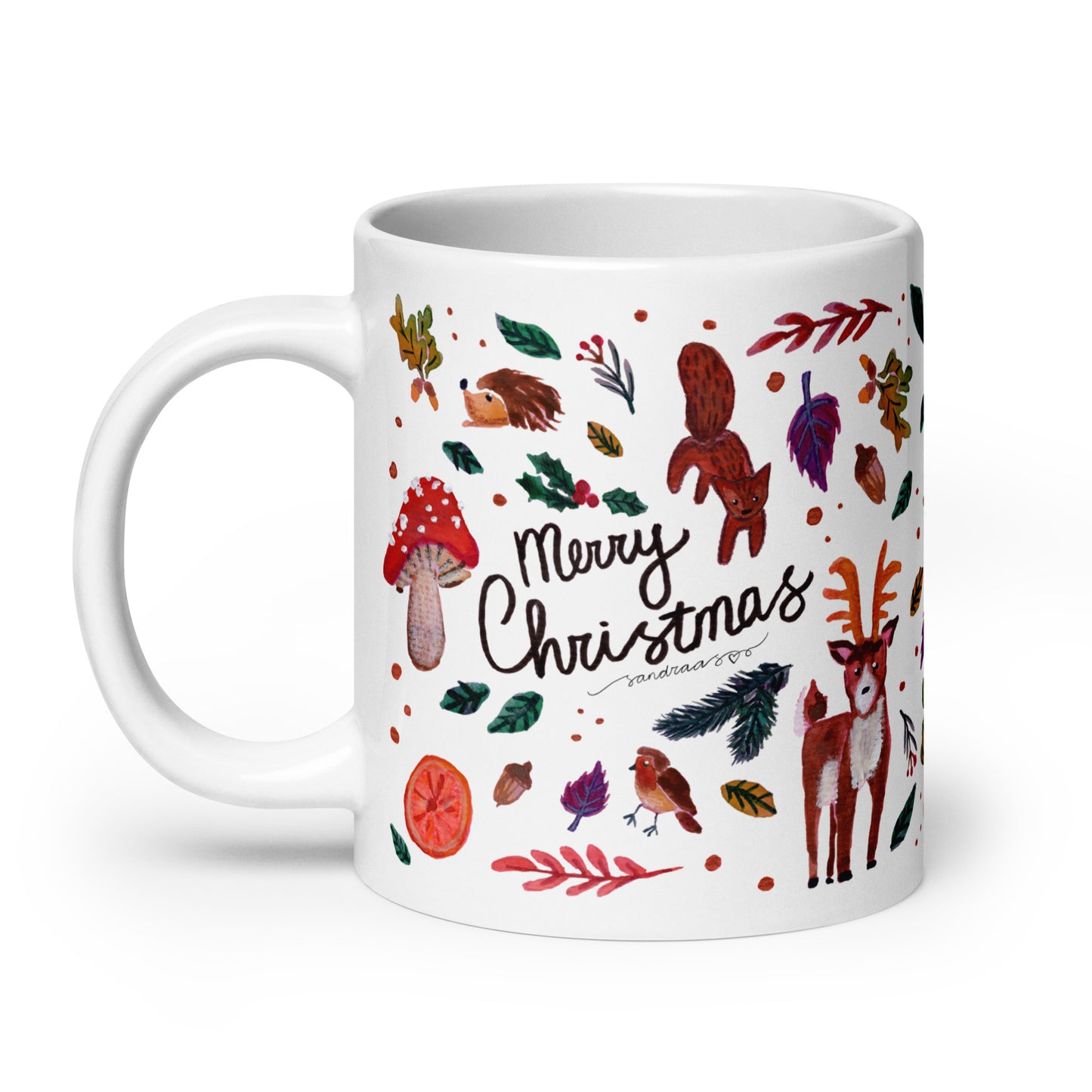 🎄 Merry Christmas Woodland Mug – Whimsical Watercolor Forest Animals, Leaves & Mushrooms 🍄🦌✨ Glossy Ceramic Holiday Mug - SANDRAAS
