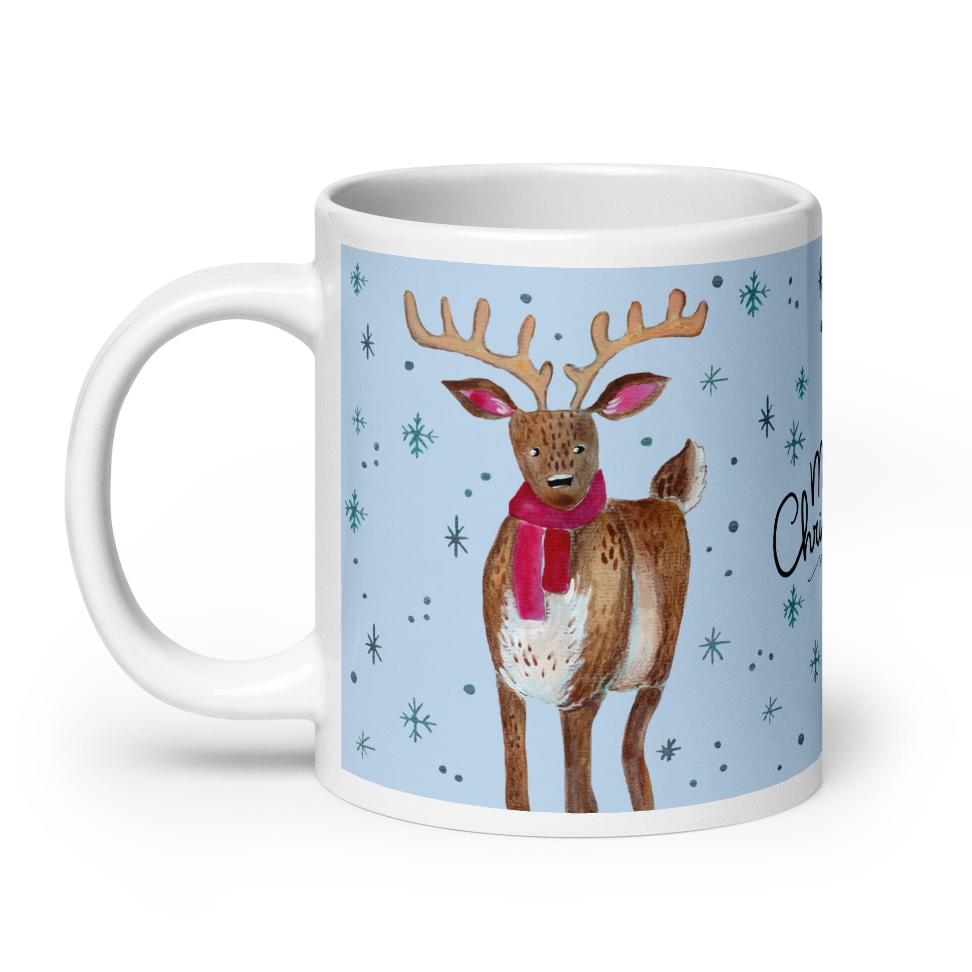 🎄 Merry Christmas Deer Mug – Whimsical Watercolor Deer in Cozy Shawl on Blue Background 🦌💙✨ Glossy Ceramic Holiday Mug - SANDRAAS
