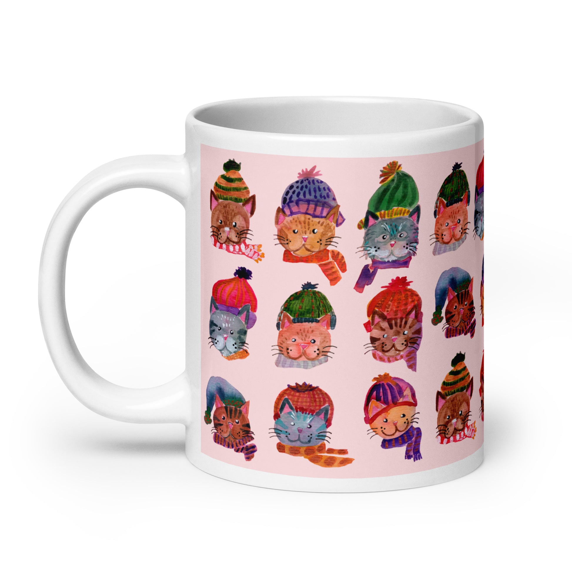🎀 Cozy Cat Heads Mug – Whimsical Watercolor Cats in Knitted Hats & Scarves 🐱🧣✨ Pink Background | Glossy Ceramic Mug - SANDRAAS