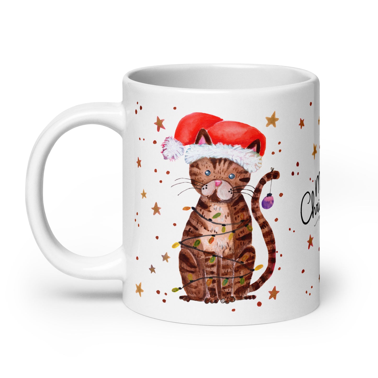 🎄 Merry Christmas Cat Mug – Whimsical Watercolor Cat in Santa Hat Wrapped in Christmas Lights 🐱✨ Glossy Ceramic Holiday Mug - SANDRAAS