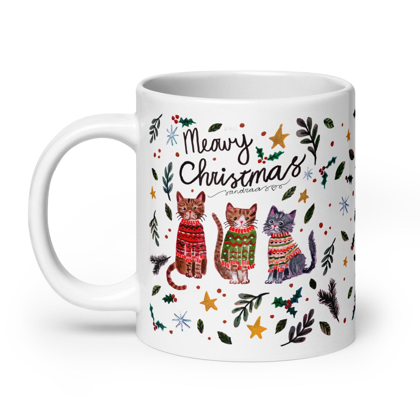 🎄 Meowy Christmas Cat Mug – Whimsical Watercolor Cats in Christmas Sweaters & Gift Boxes 😺🎁✨ Glossy Ceramic Holiday Mug - SANDRAAS