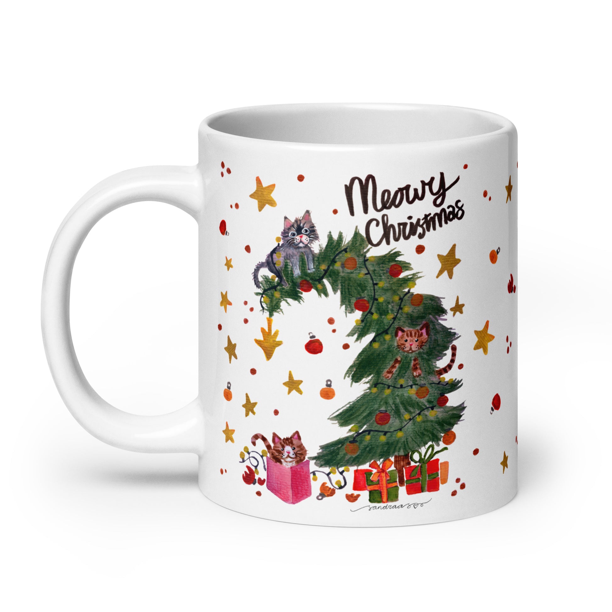 🎄 Meowy Christmas Cat Mug – Whimsical Watercolor Cats Playing in the Christmas Tree 😺🌲✨ Glossy Ceramic Holiday Mug - SANDRAAS